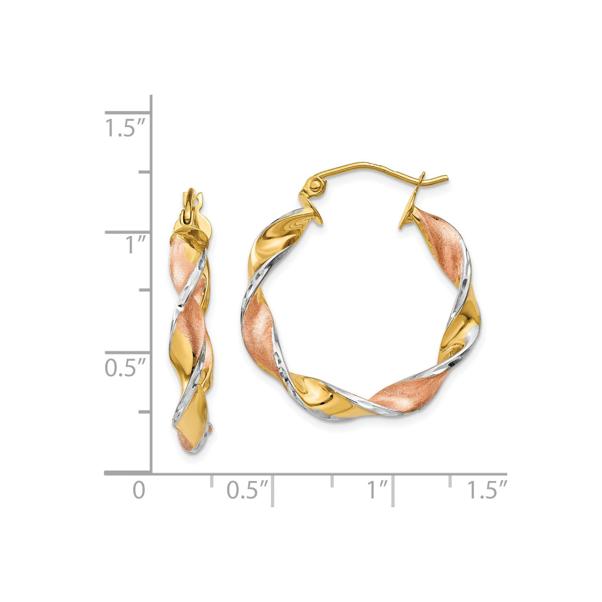 14k Tri Tone Gold Twisted Hoop Earrings, Polished and Textured Modern Design for Women