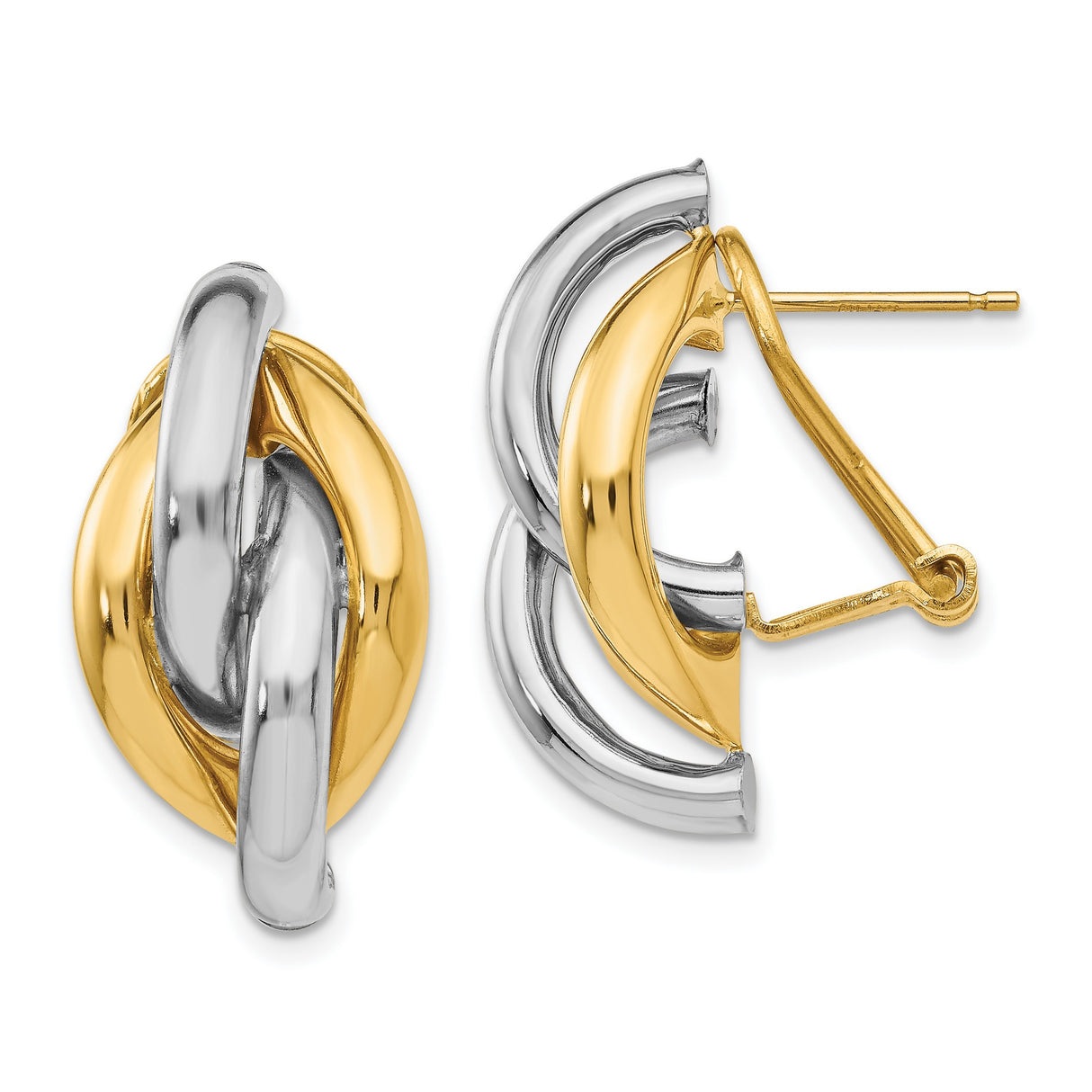 14k Yellow Gold Hoop Earrings with Interlocking Two-Tone Links and Sculptural Loop Design