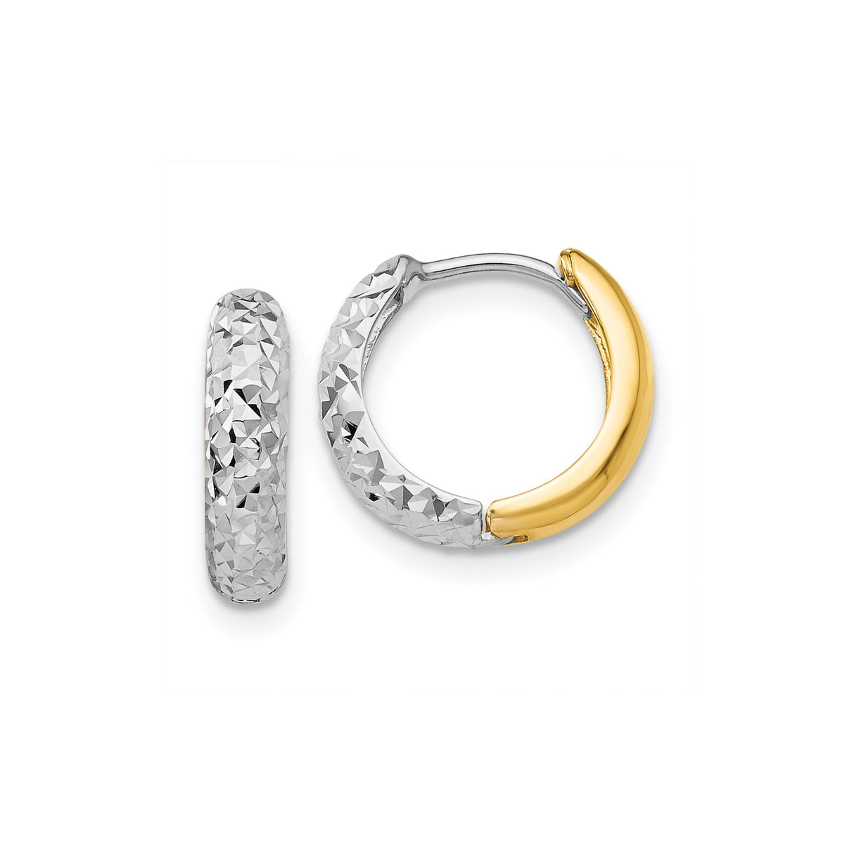 14k Two-Tone Gold Hoop Earrings with Textured White Gold Diamond-Cut Finish