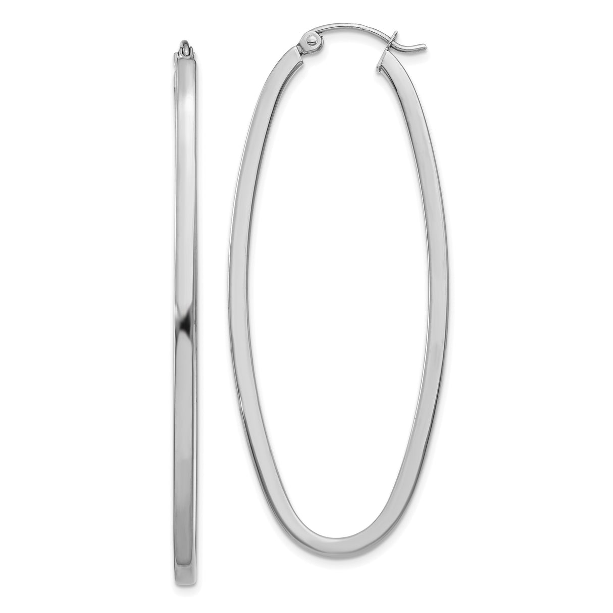 14k White Gold Elongated Oval Hoop Earrings, Polished Minimalist Design for Women