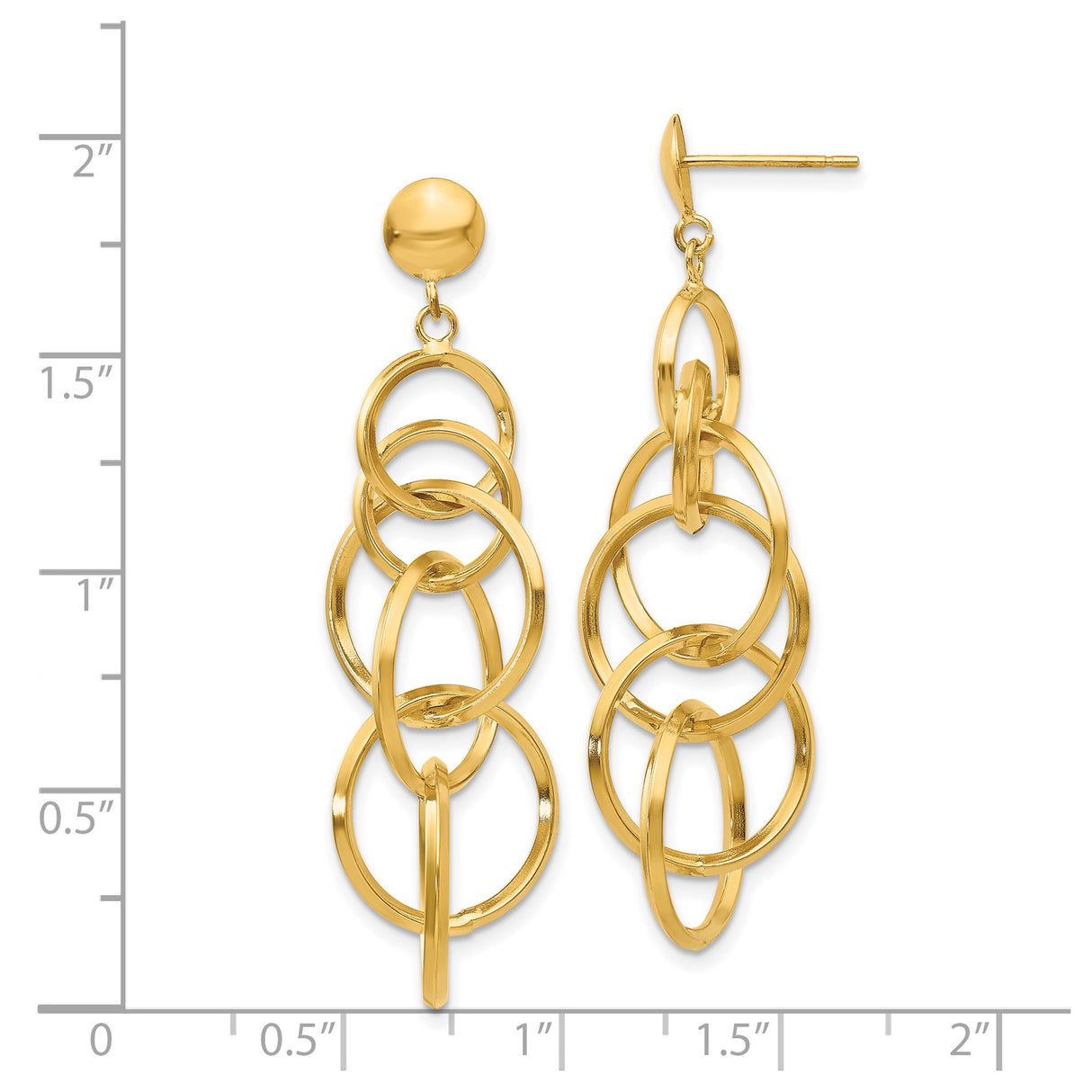 14k Yellow Gold Dangle Earrings with Interlocking Open Circles and Geometric Drop Design
