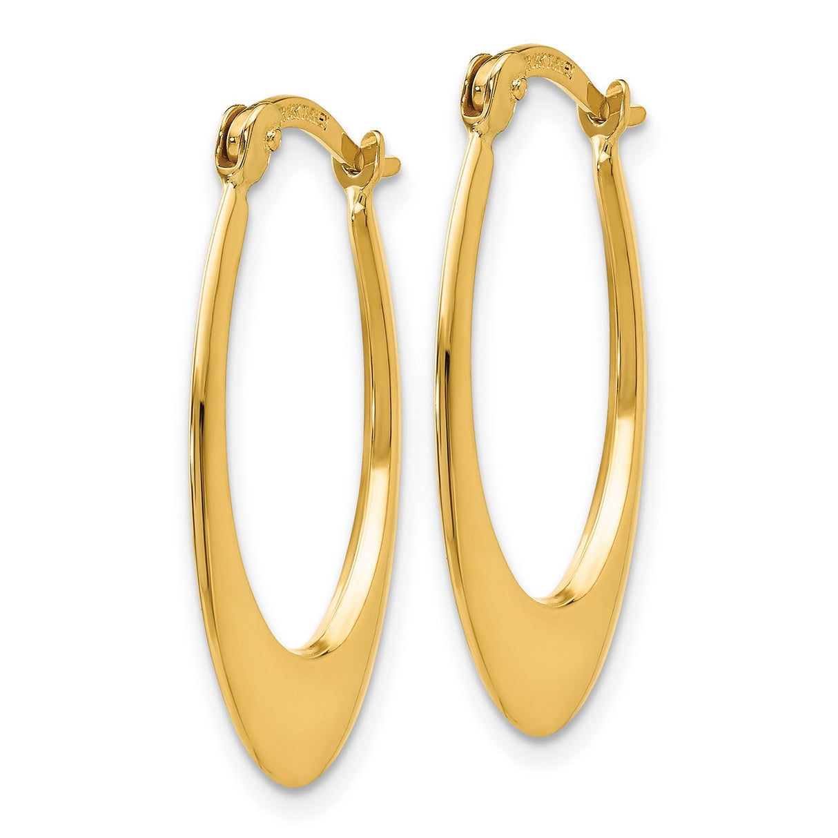 14k Yellow Gold Oval Hoop Earrings, Tapered Elongated Design, High Polish Finish, Lightweight Jewelry