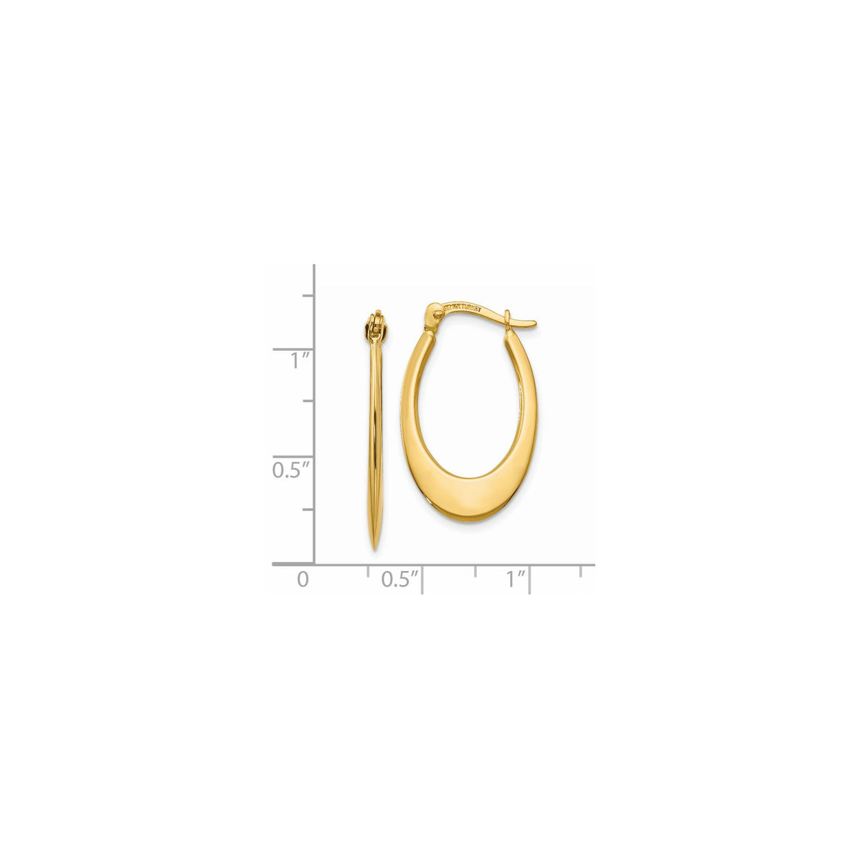 14k Yellow Gold Oval Hoop Earrings, Tapered Elongated Design, High Polish Finish, Lightweight Jewelry