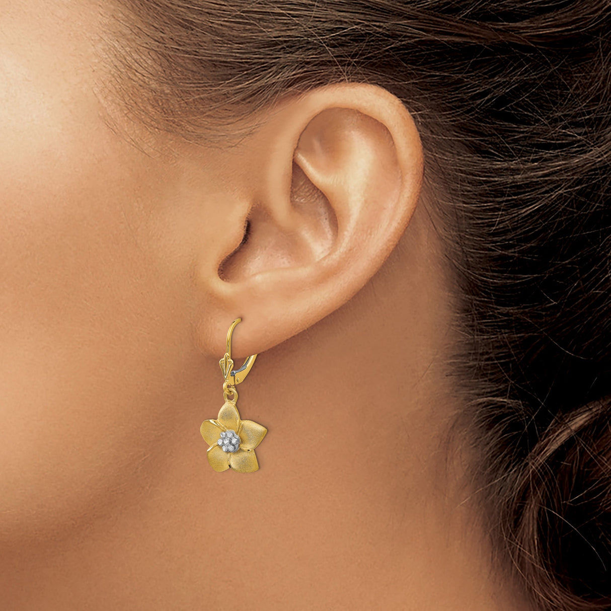 14k Yellow Gold Drop Earrings with Textured Petals and Rhodium Center Floral Design