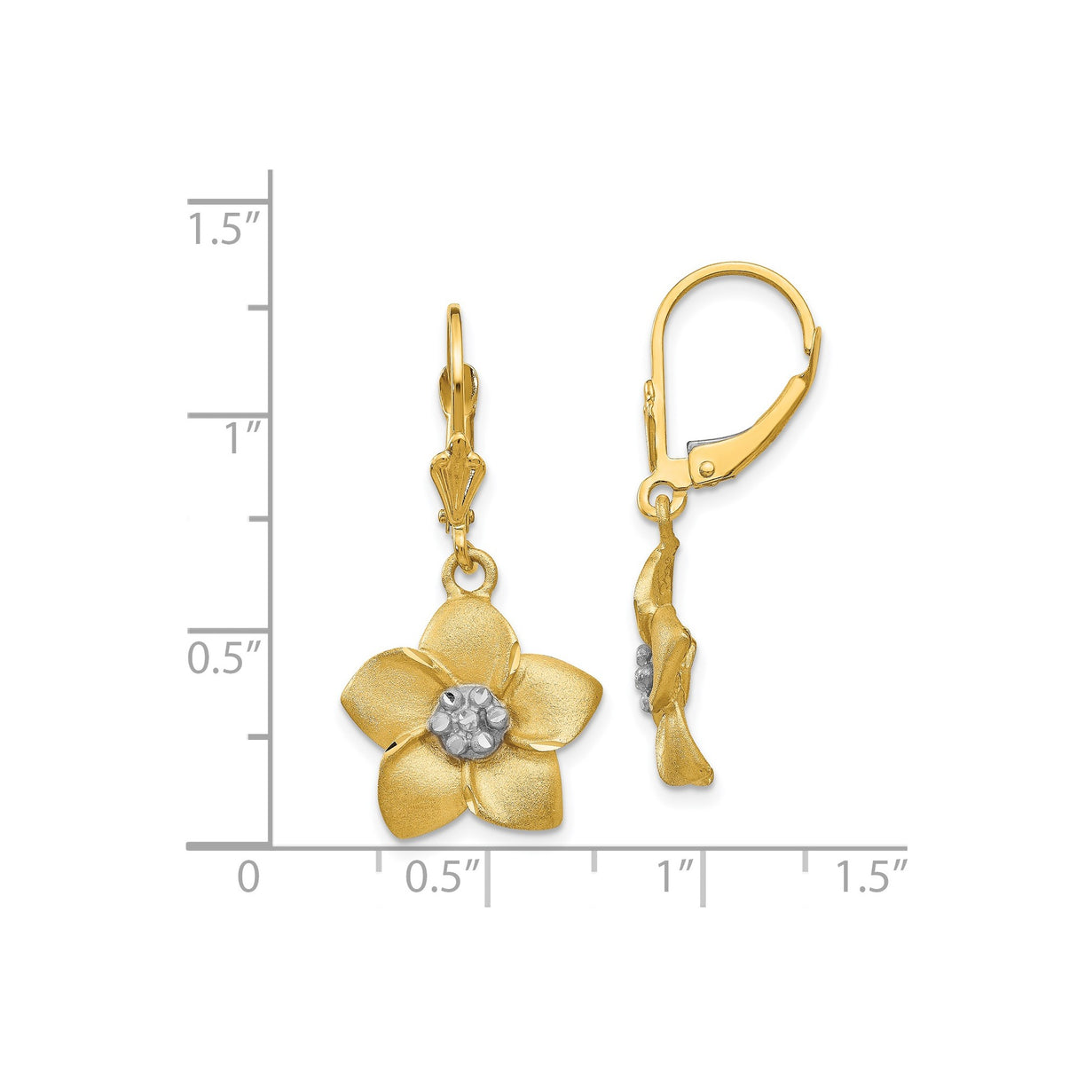 14k Yellow Gold Drop Earrings with Textured Petals and Rhodium Center Floral Design