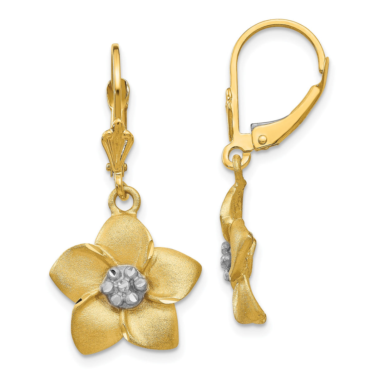 14k Yellow Gold Drop Earrings with Textured Petals and Rhodium Center Floral Design