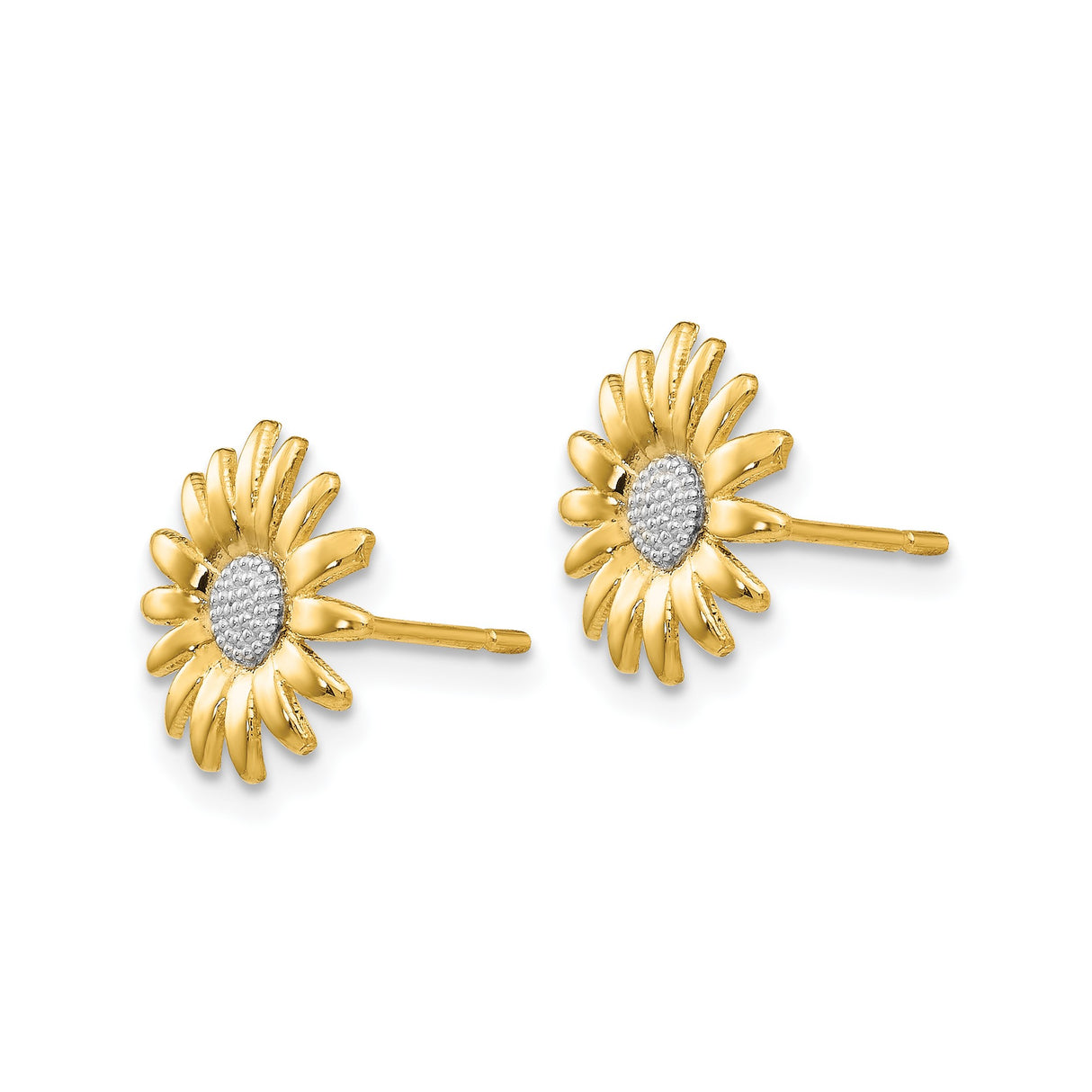 14k Yellow Gold Sunflower Stud Earrings with Rhodium Textured Center, Nature-Inspired Design