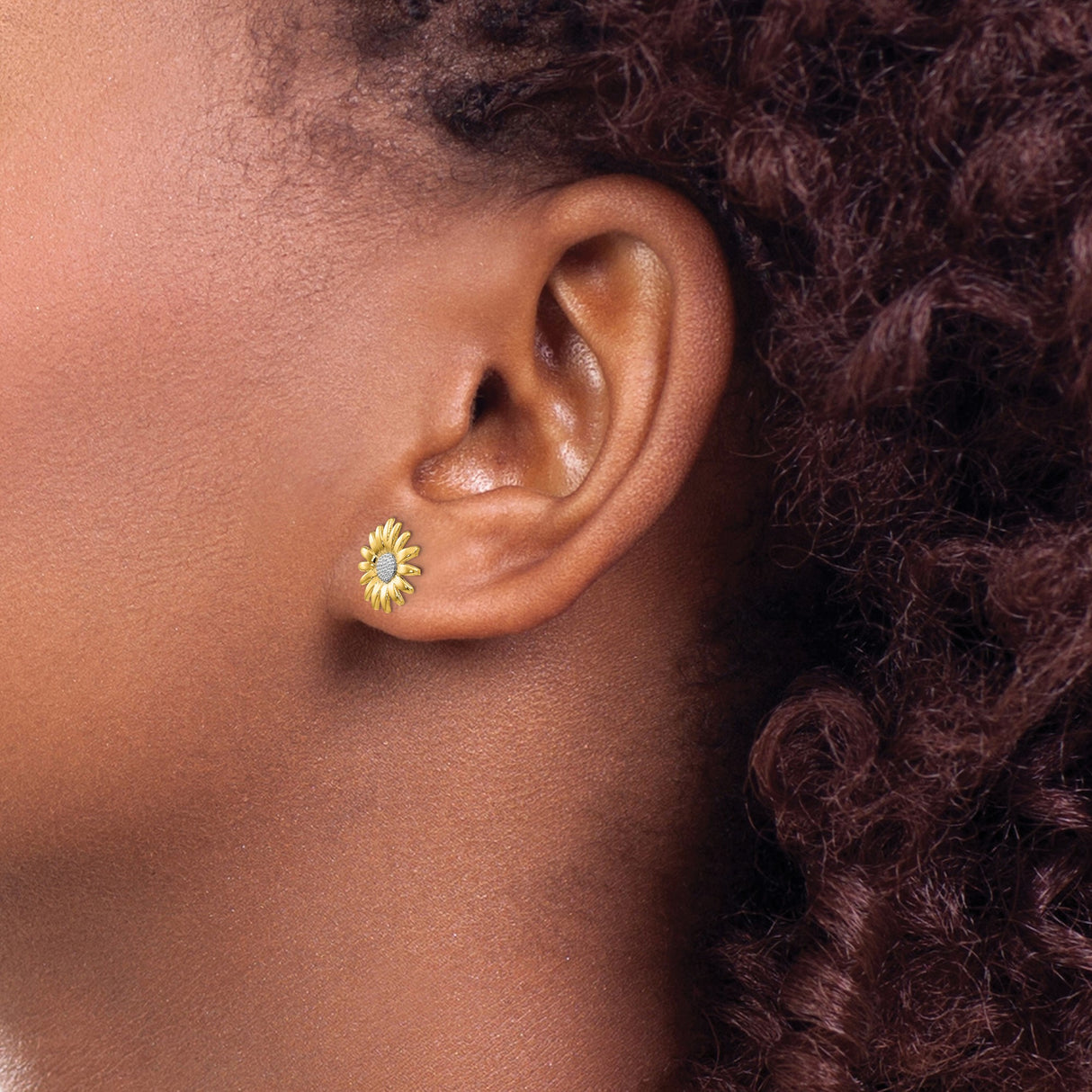 14k Yellow Gold Sunflower Stud Earrings with Rhodium Textured Center, Nature-Inspired Design