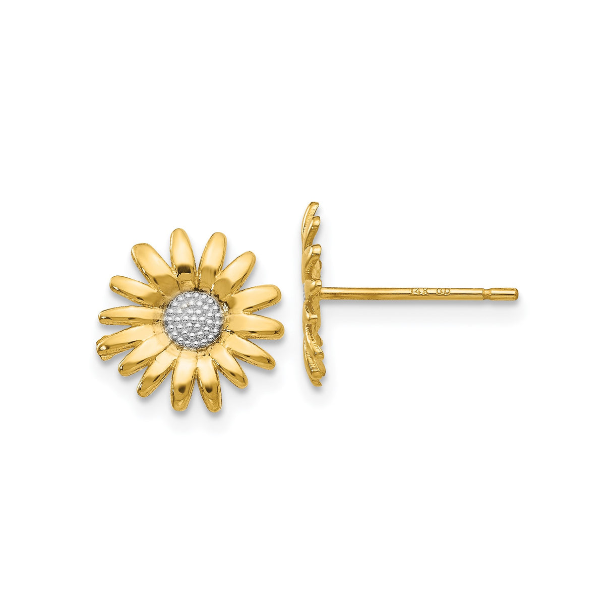 14k Yellow Gold Sunflower Stud Earrings with Rhodium Textured Center, Nature-Inspired Design