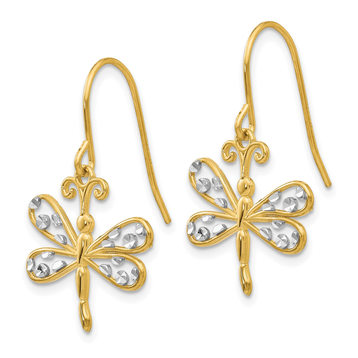 14k Yellow Gold Dragonfly Dangle Earrings with Rhodium and Diamond Cut Wing Accents
