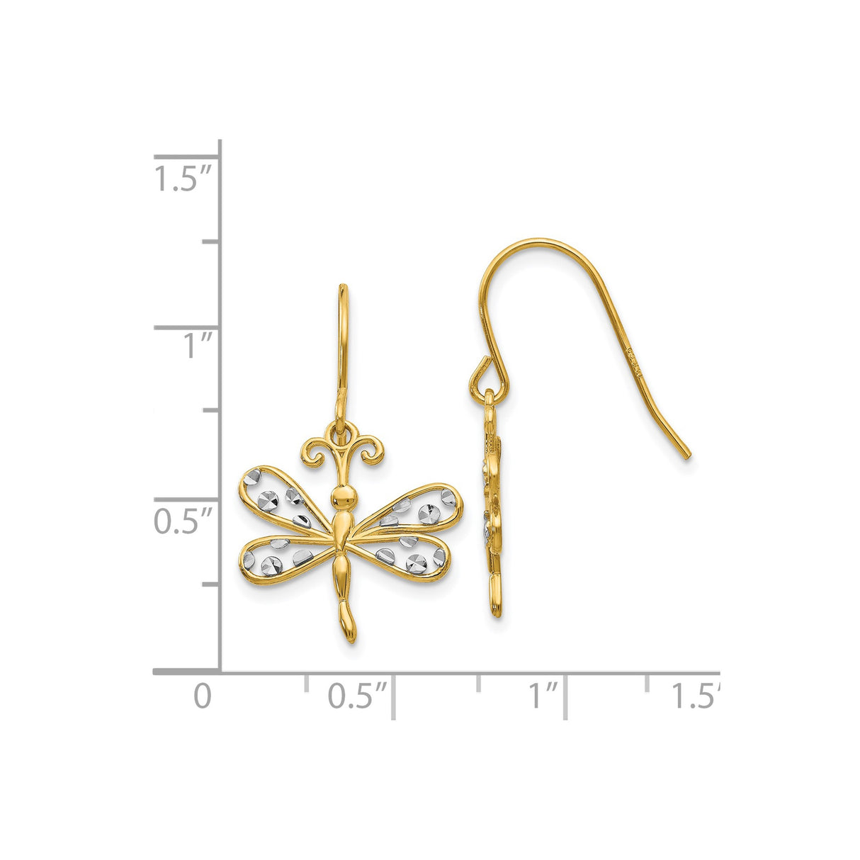 14k Yellow Gold Dragonfly Dangle Earrings with Rhodium and Diamond Cut Wing Accents