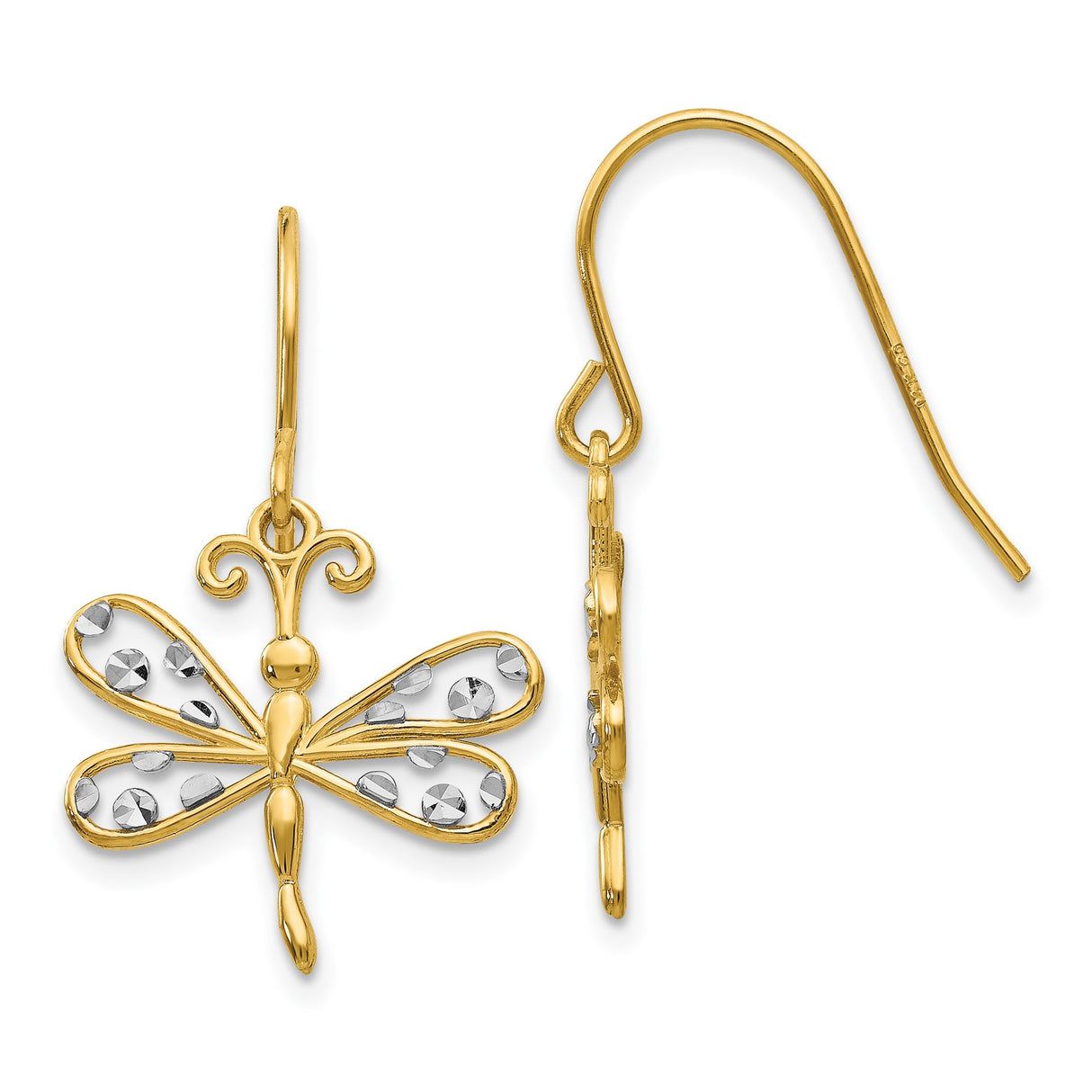 14k Yellow Gold Dragonfly Dangle Earrings with Rhodium and Diamond Cut Wing Accents