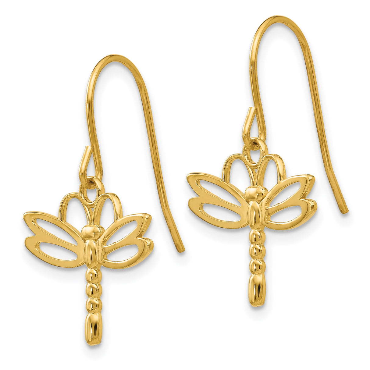 14k Yellow Gold Dragonfly Drop Earrings with Open Wing Design for Women