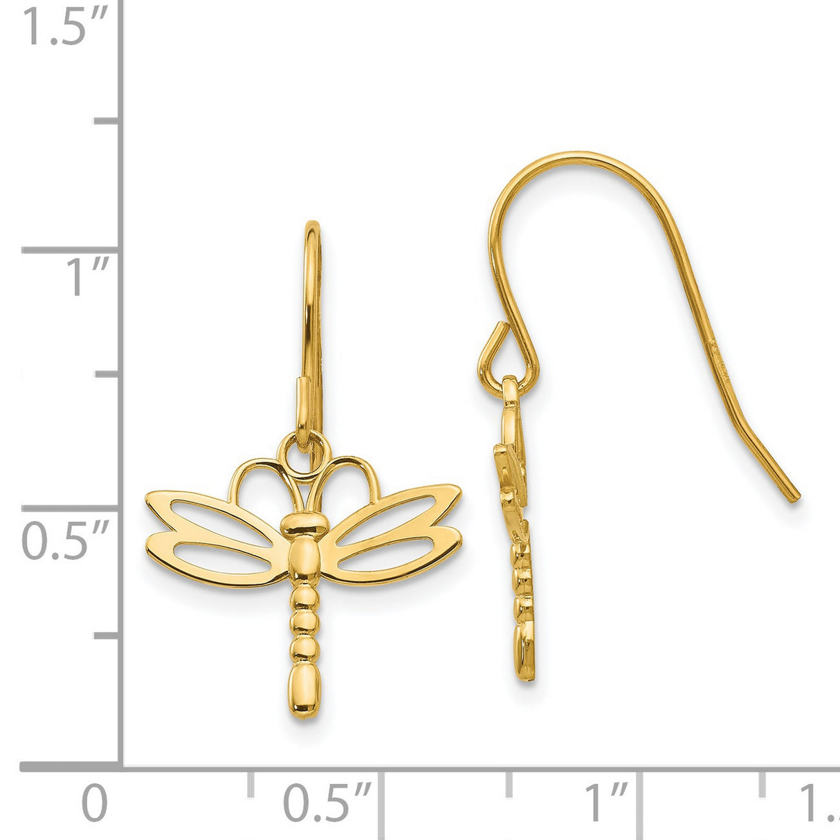 14k Yellow Gold Dragonfly Drop Earrings with Open Wing Design for Women