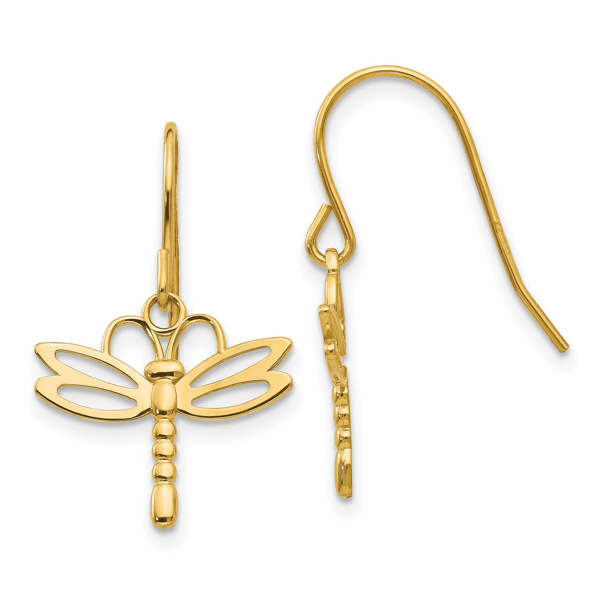 14k Yellow Gold Dragonfly Drop Earrings with Open Wing Design for Women