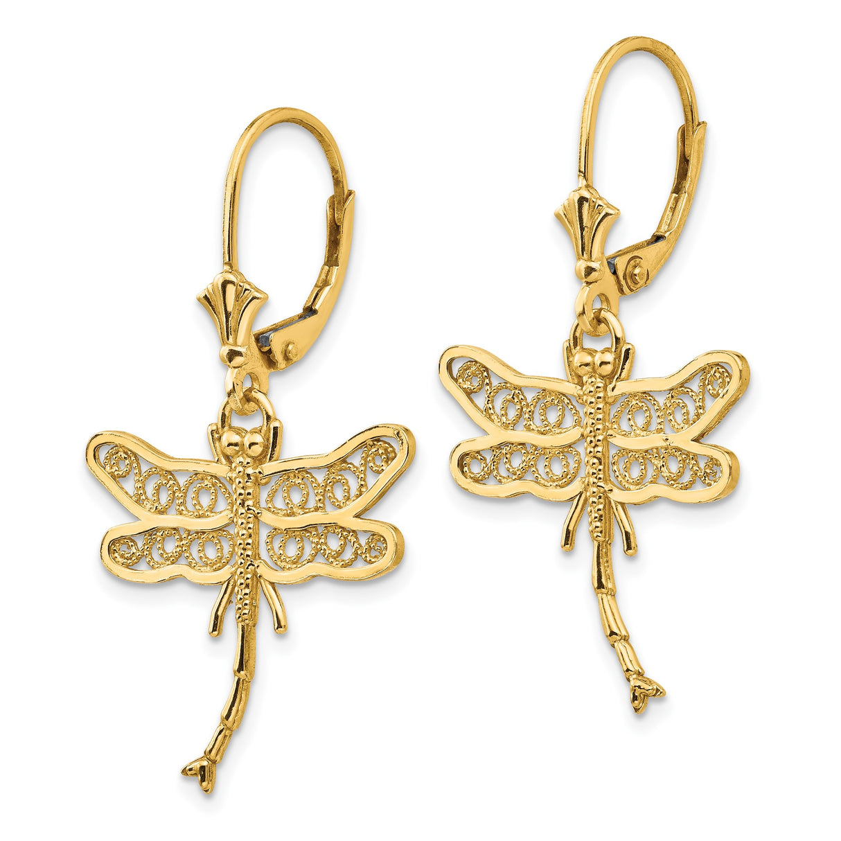 14k Yellow Gold Dragonfly Filigree Drop Earrings with Delicate Wing Detailing