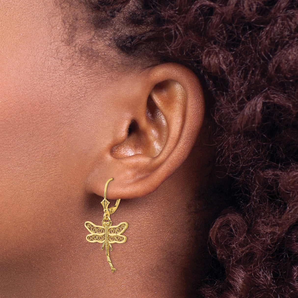 14k Yellow Gold Dragonfly Filigree Drop Earrings with Delicate Wing Detailing