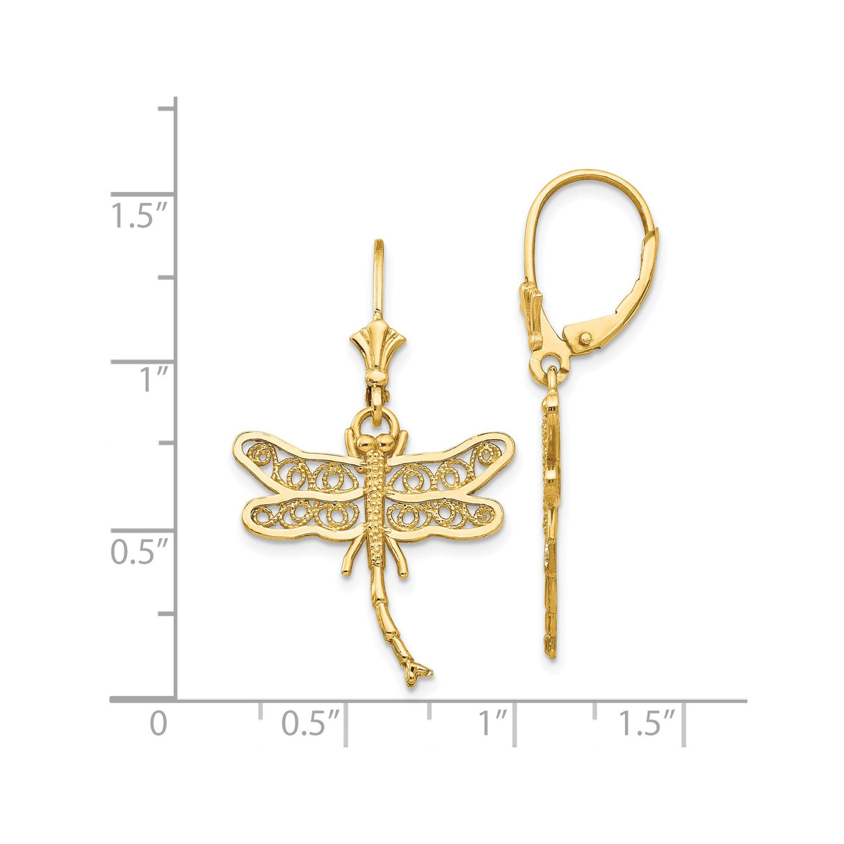 14k Yellow Gold Dragonfly Filigree Drop Earrings with Delicate Wing Detailing