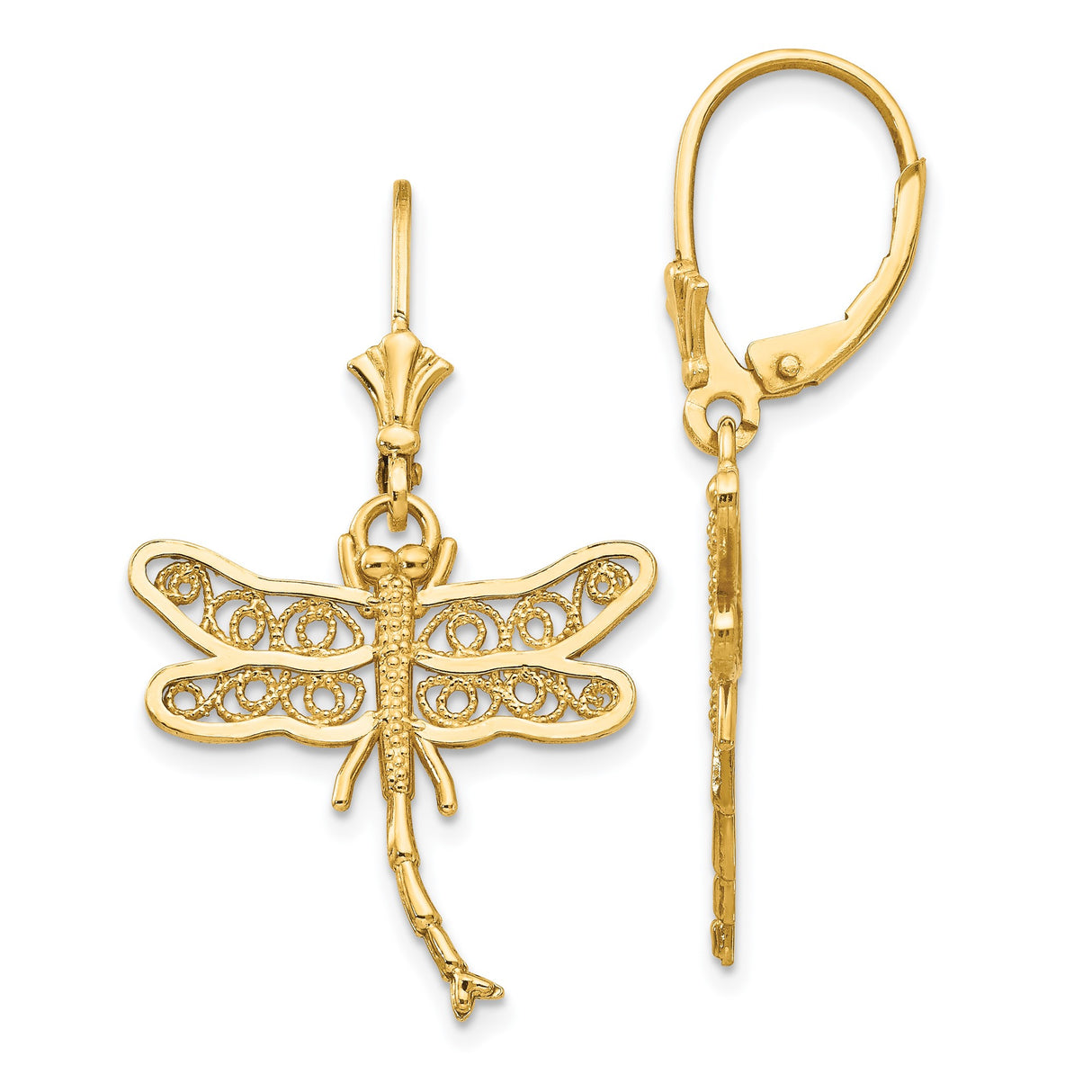 14k Yellow Gold Dragonfly Filigree Drop Earrings with Delicate Wing Detailing