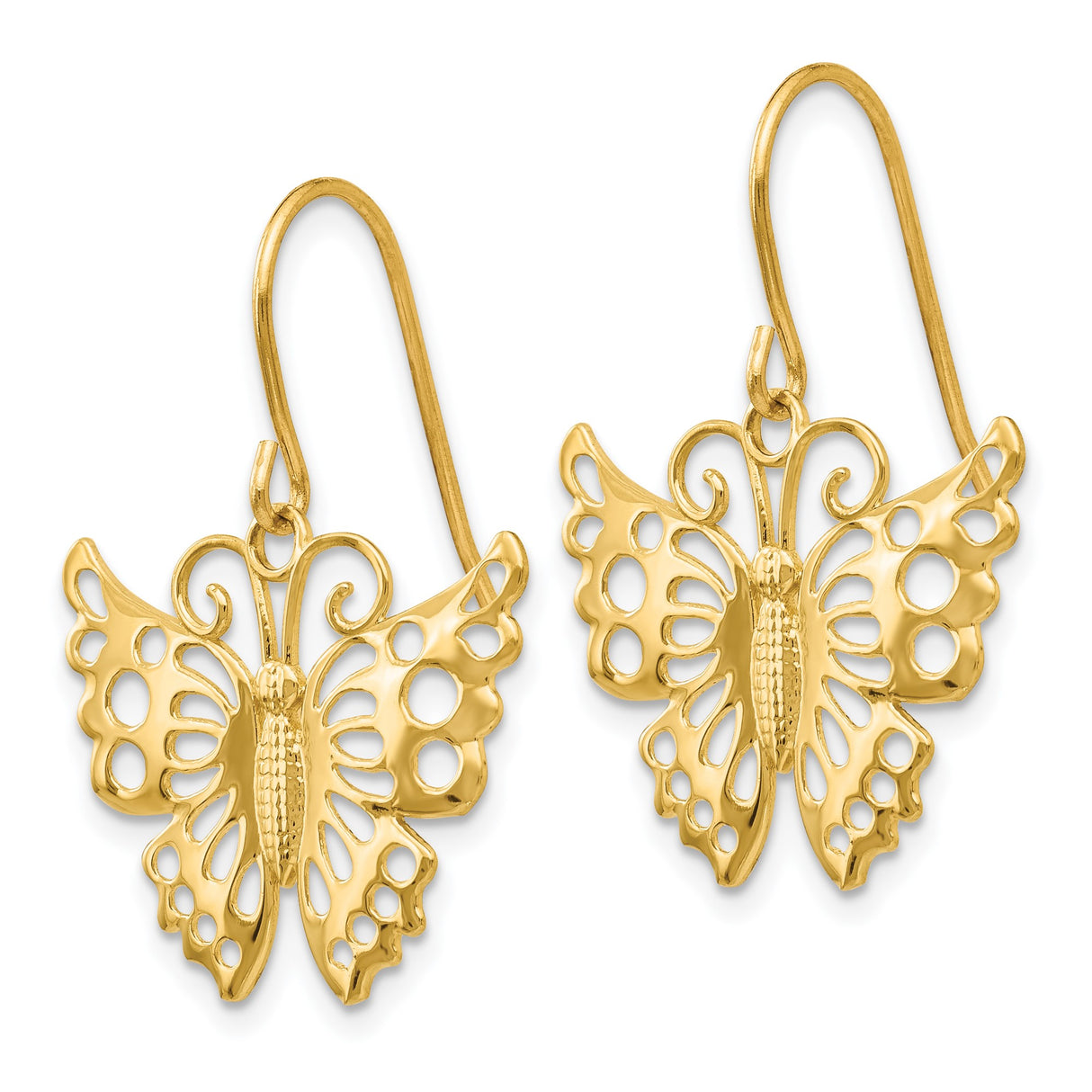 14k Yellow Gold Butterfly Dangle Earrings with Openwork Cutout Design for Women