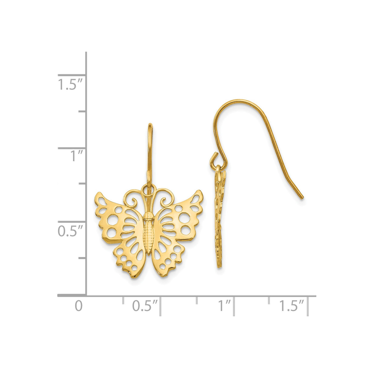 14k Yellow Gold Butterfly Dangle Earrings with Openwork Cutout Design for Women