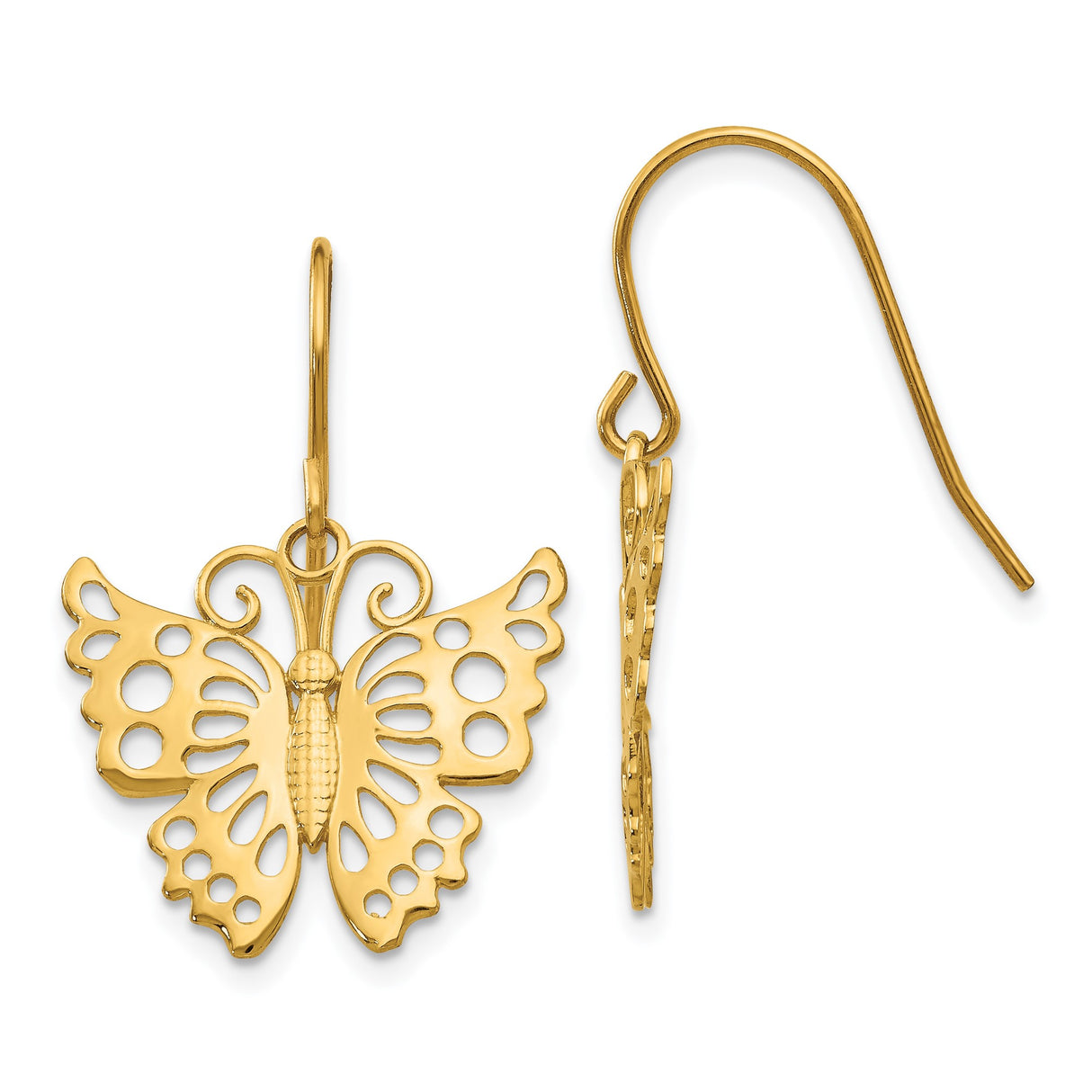 14k Yellow Gold Butterfly Dangle Earrings with Openwork Cutout Design for Women
