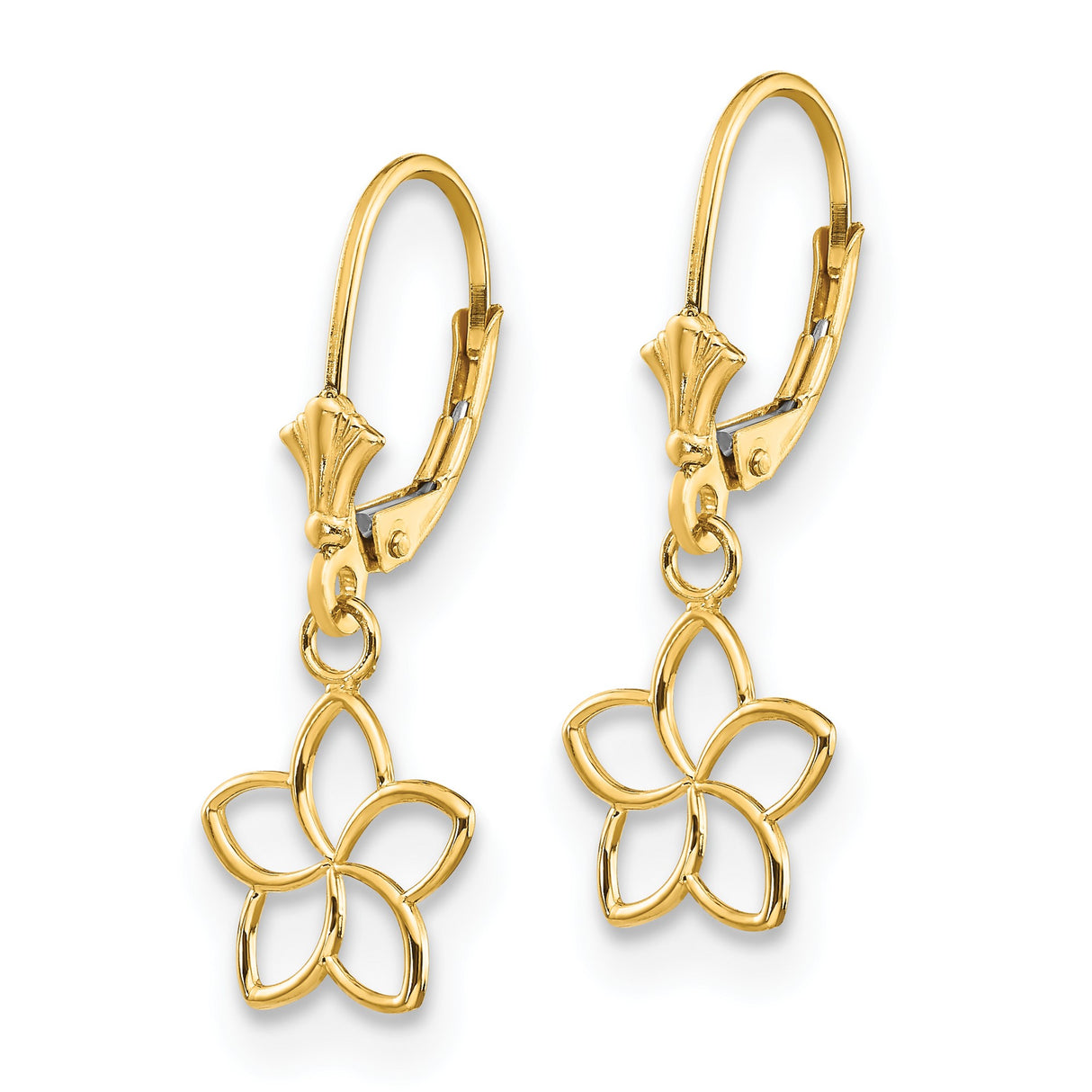14k Yellow Gold Dangle Earrings with Openwork Five Petal Flower Charms for Women