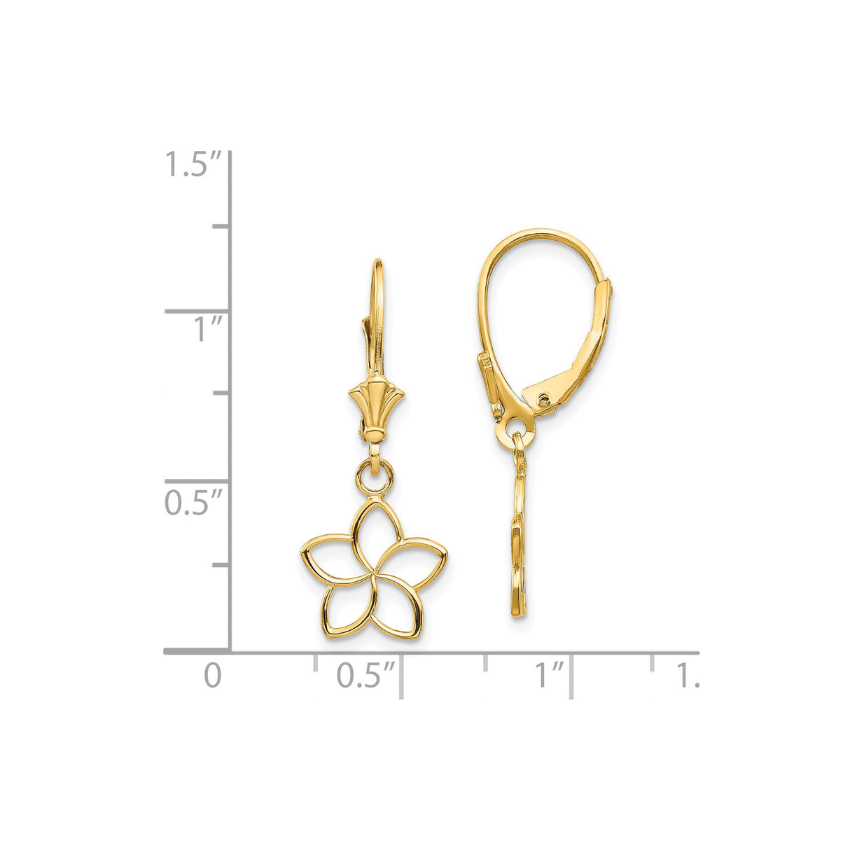 14k Yellow Gold Dangle Earrings with Openwork Five Petal Flower Charms for Women