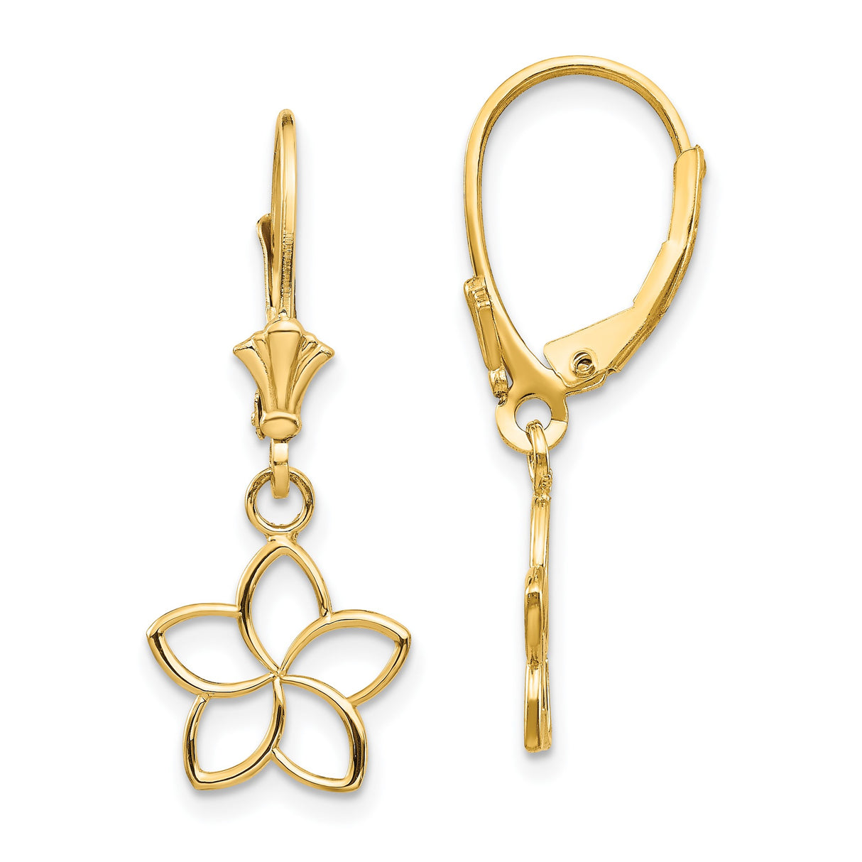 14k Yellow Gold Dangle Earrings with Openwork Five Petal Flower Charms for Women