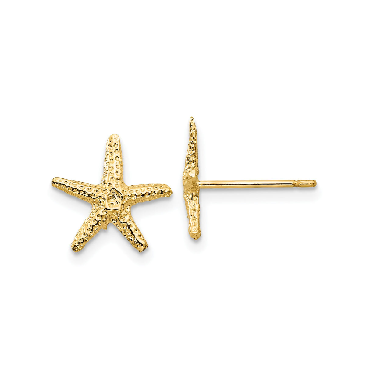 14k Yellow Gold Starfish Stud Earrings, Textured Nautical Coastal Theme for Women