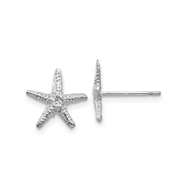 14k White Gold Starfish Stud Earrings, Textured Nautical Design for Women