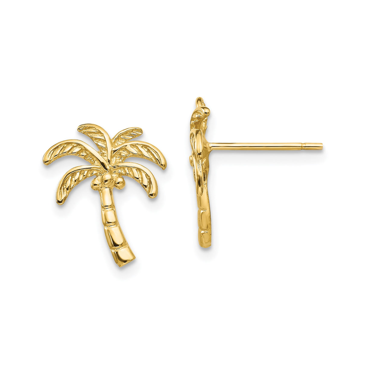14k Yellow Gold Palm Tree Stud Earrings, Tropical Coastal Beach Style Jewelry for Women