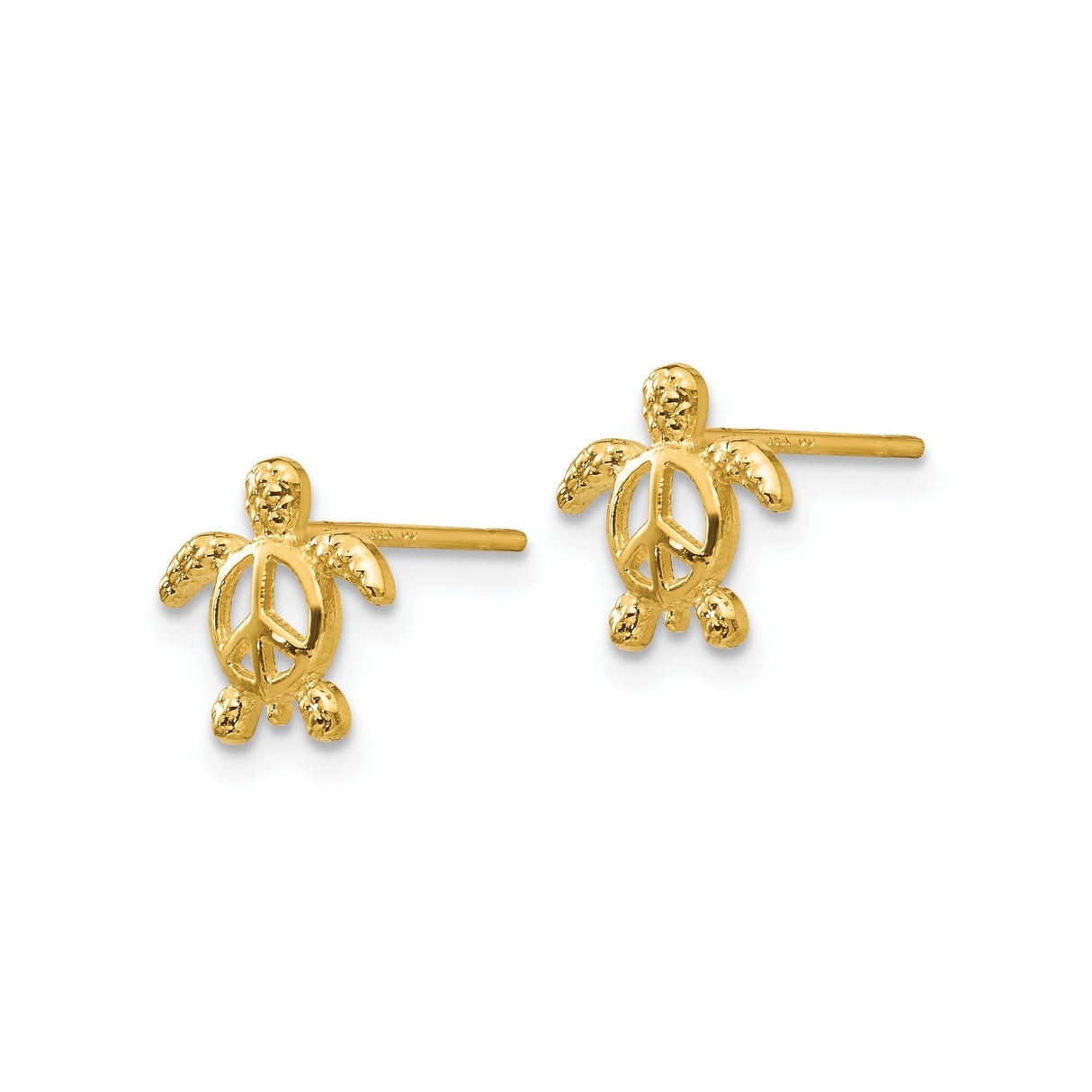 14k Yellow Gold Stud Earrings with Sea Turtle and Peace Symbol Design, Boho Ocean Theme