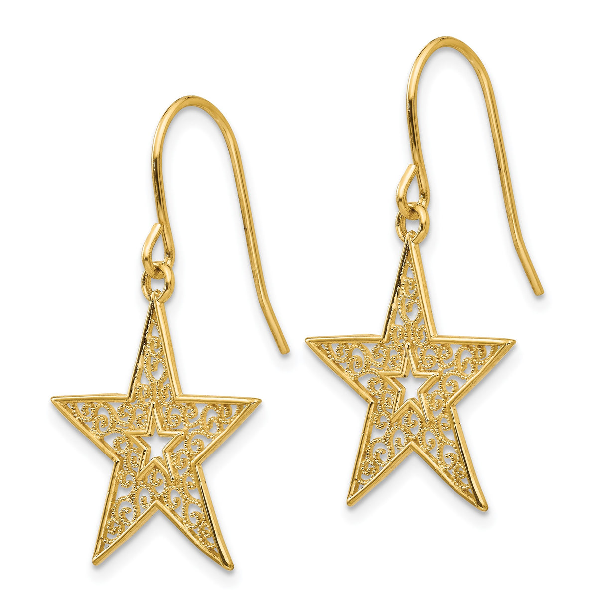 14k Yellow Gold Dangle Earrings with Openwork Filigree Star Design