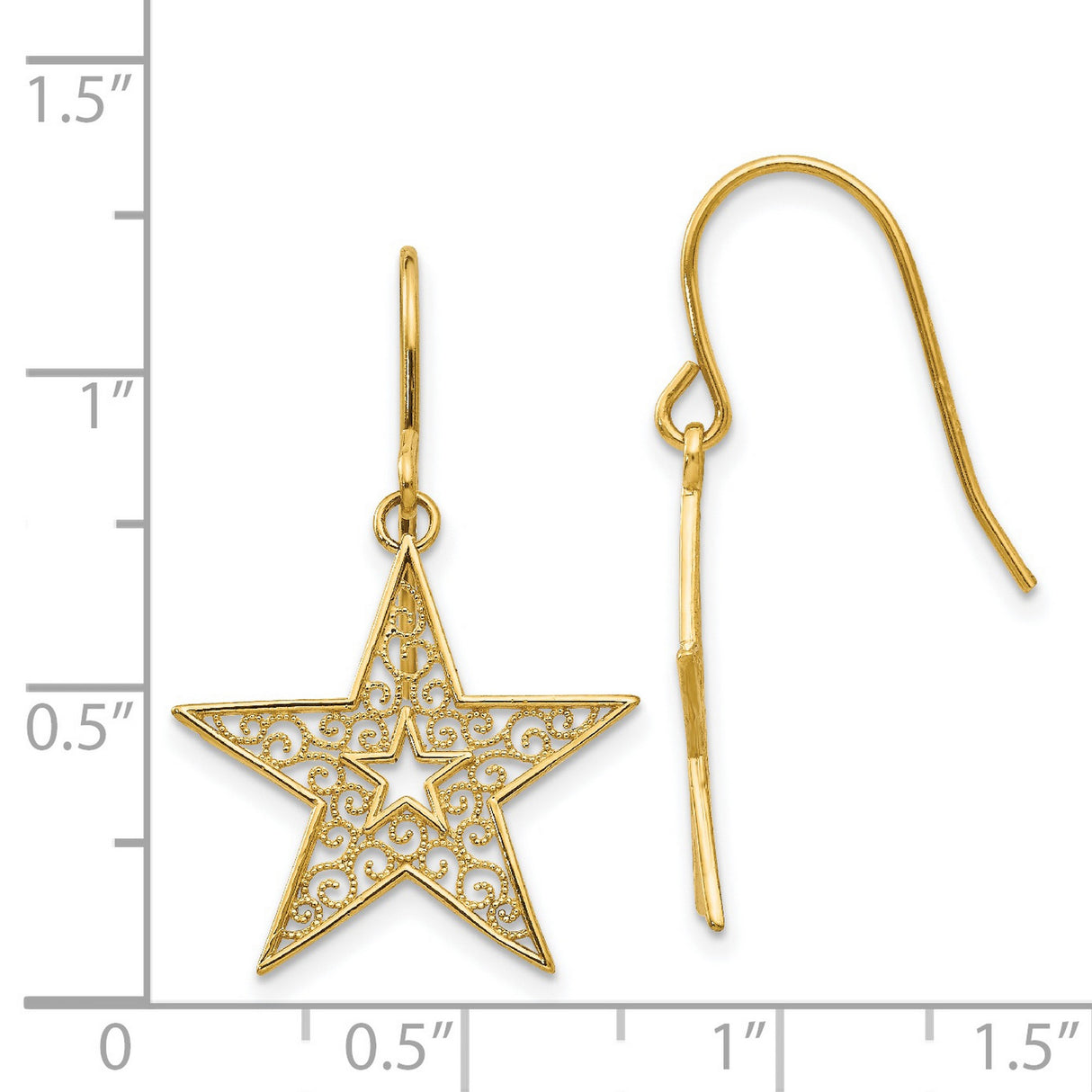 14k Yellow Gold Dangle Earrings with Openwork Filigree Star Design