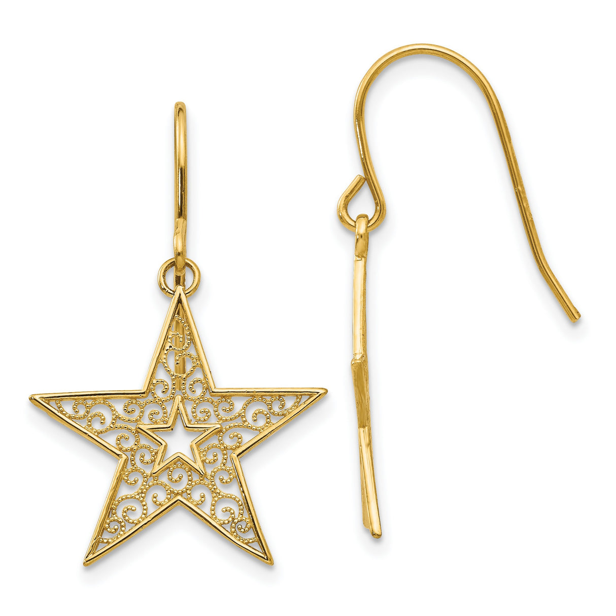 14k Yellow Gold Dangle Earrings with Openwork Filigree Star Design