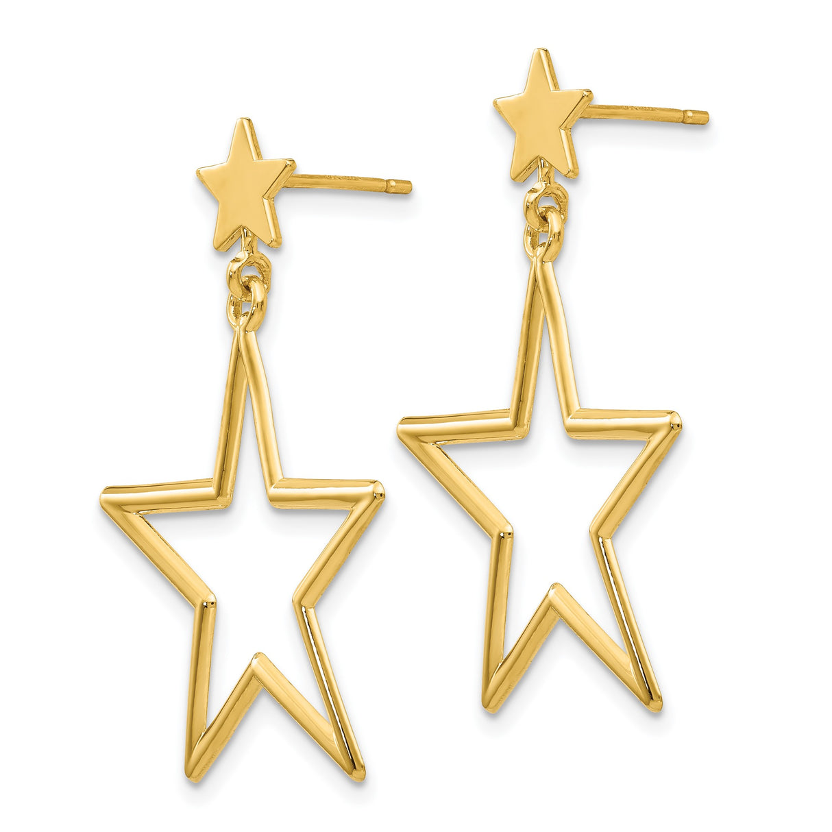 14k Yellow Gold Dangle Earrings with Small Solid Star Stud and Open Star Drop Design