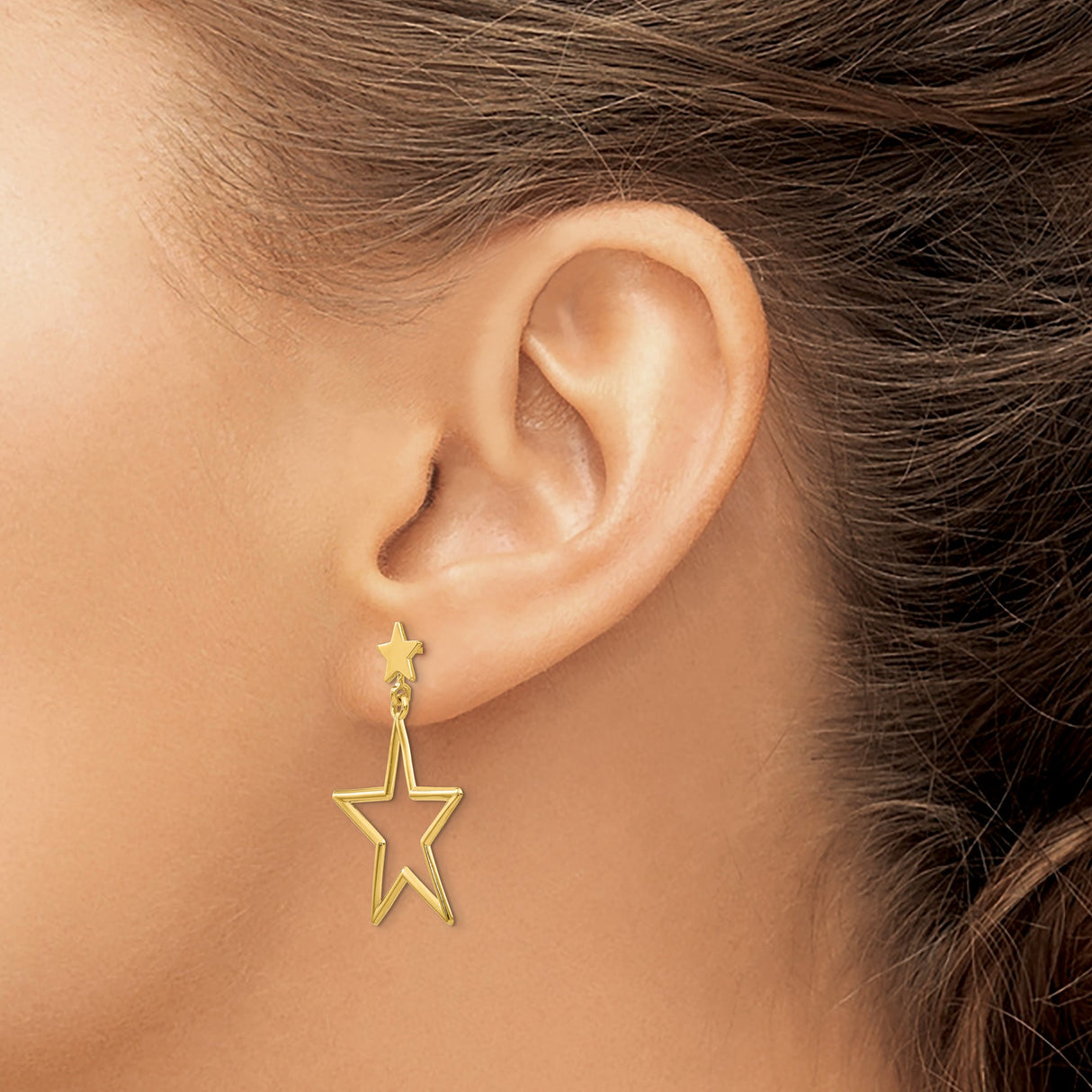 14k Yellow Gold Dangle Earrings with Small Solid Star Stud and Open Star Drop Design