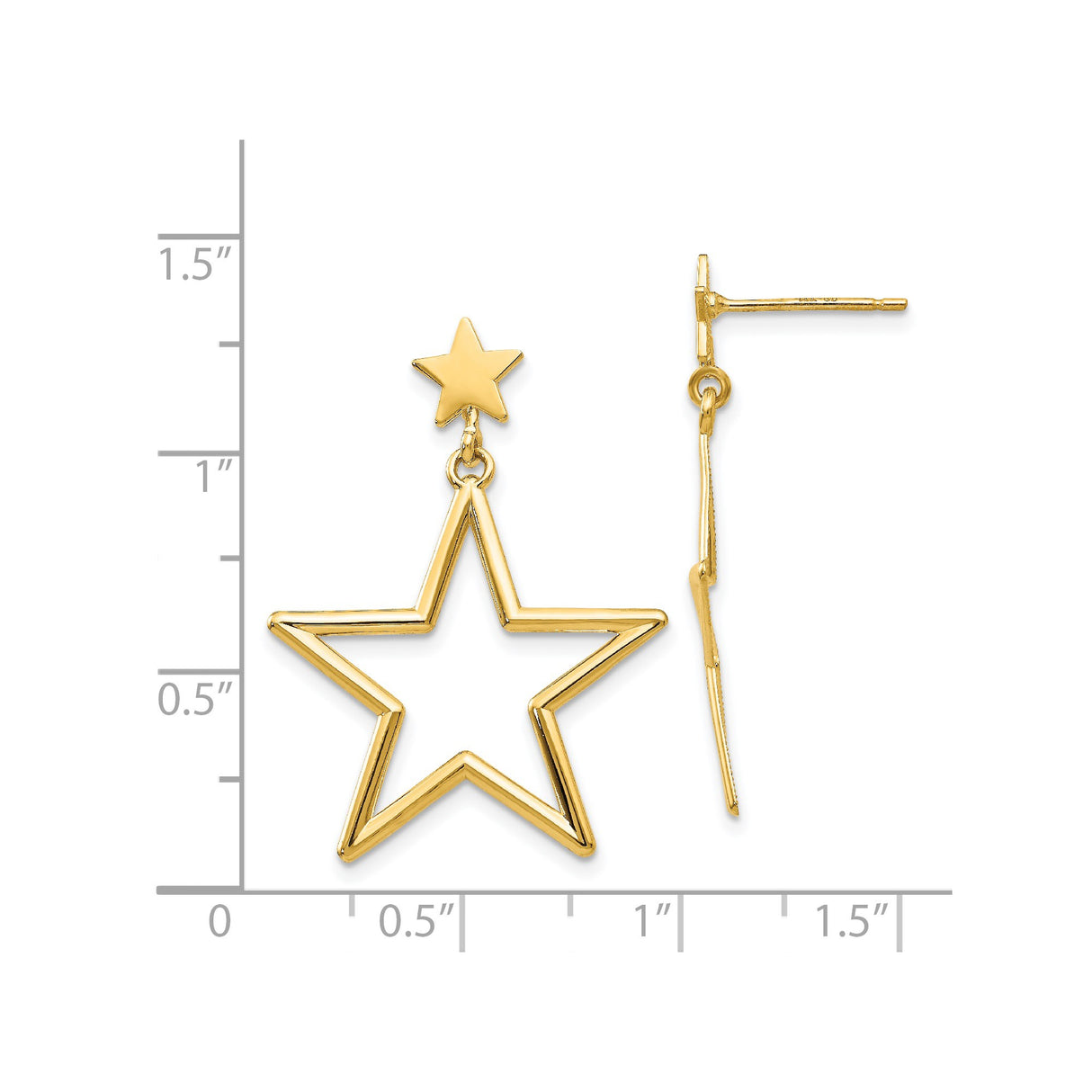 14k Yellow Gold Dangle Earrings with Small Solid Star Stud and Open Star Drop Design