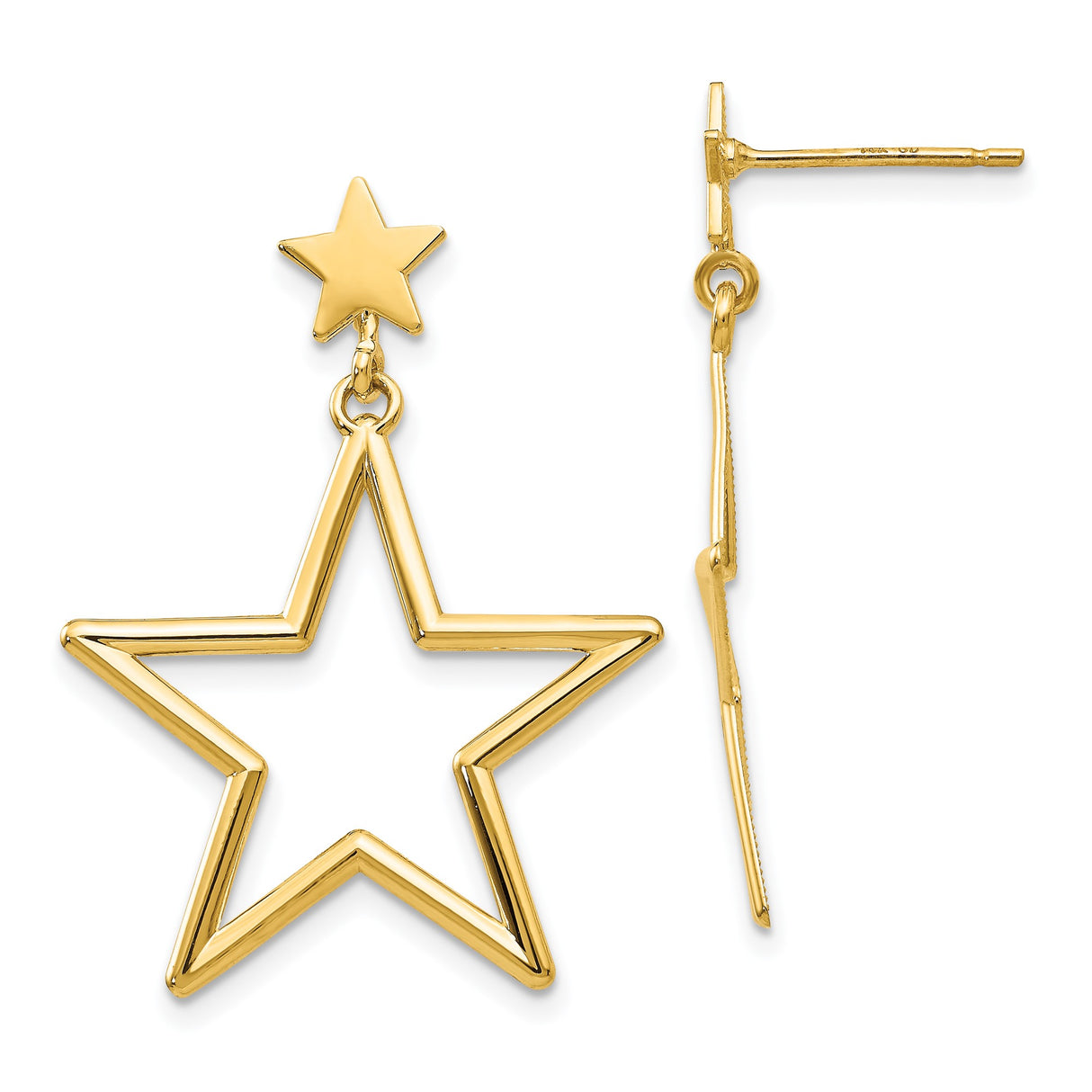 14k Yellow Gold Dangle Earrings with Small Solid Star Stud and Open Star Drop Design
