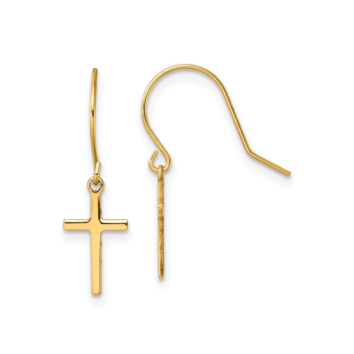 14k Yellow Gold Dangle Cross Earrings with Long Shepherd Hooks, Minimalist Faith Design for Women