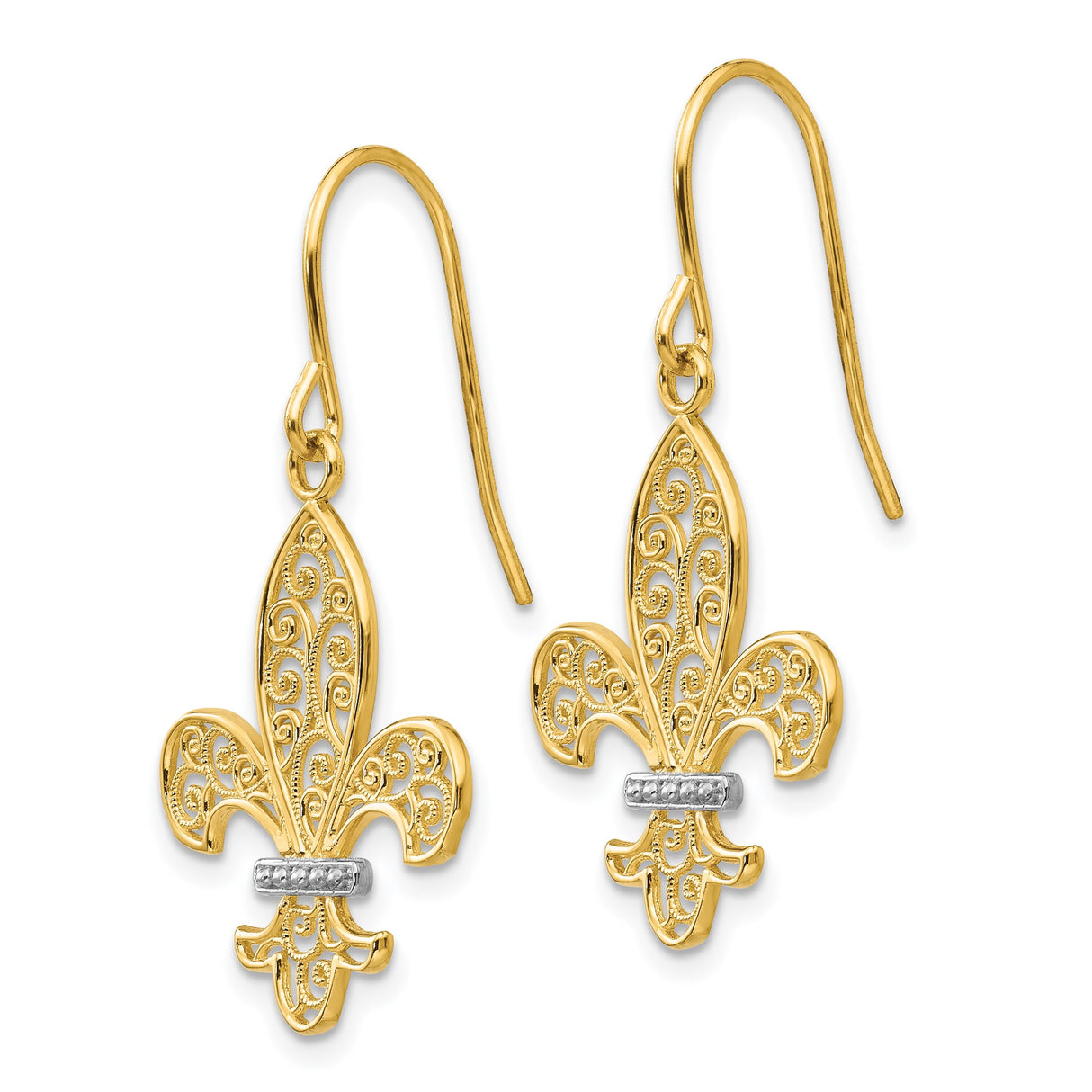 14k Yellow Gold Drop Earrings with Rhodium Filigree Fleur de Lis Design, French Inspired Style for Women