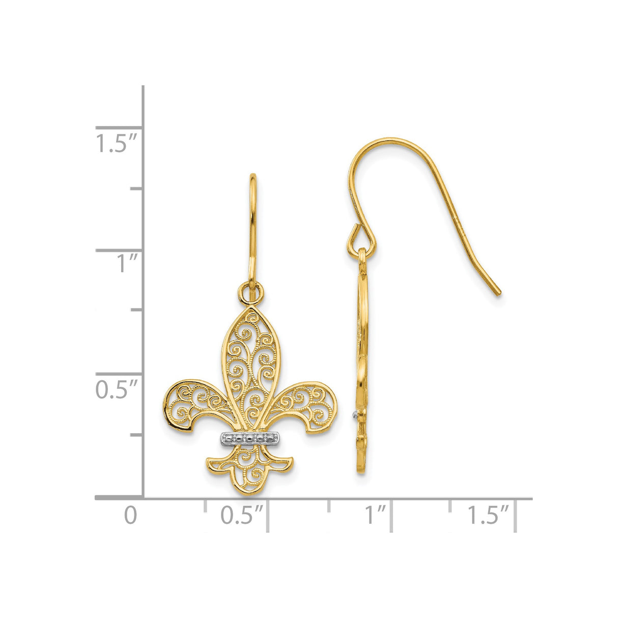 14k Yellow Gold Drop Earrings with Rhodium Filigree Fleur de Lis Design, French Inspired Style for Women