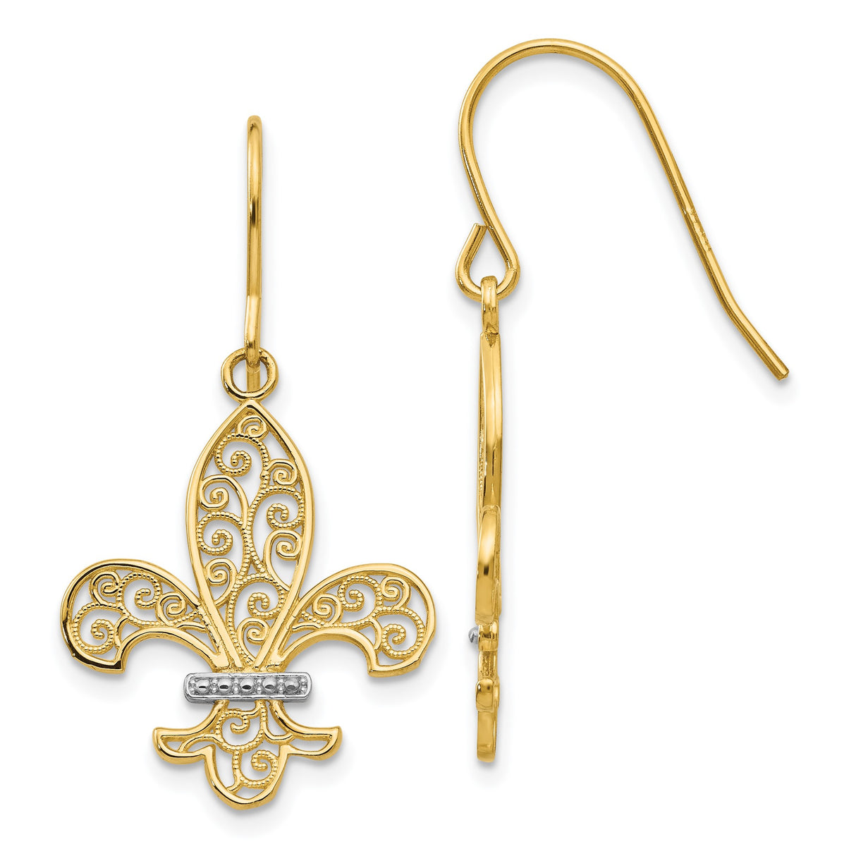 14k Yellow Gold Drop Earrings with Rhodium Filigree Fleur de Lis Design, French Inspired Style for Women