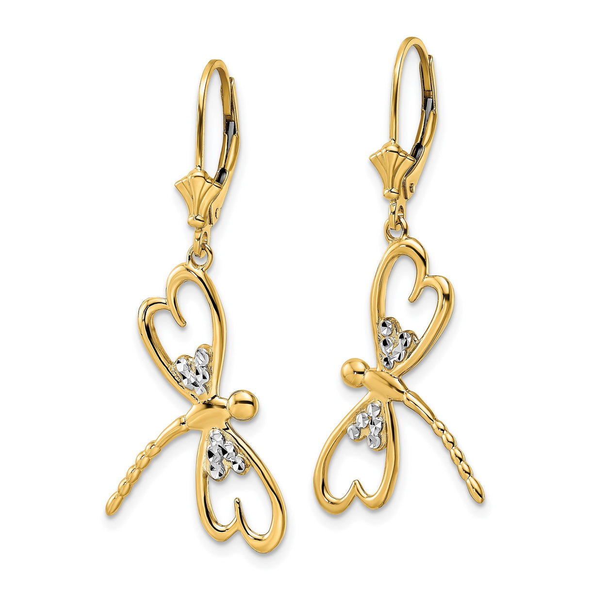 14k Yellow Gold Drop Earrings, Dragonfly with Heart Wings, Diamond Cut, Leverback Design
