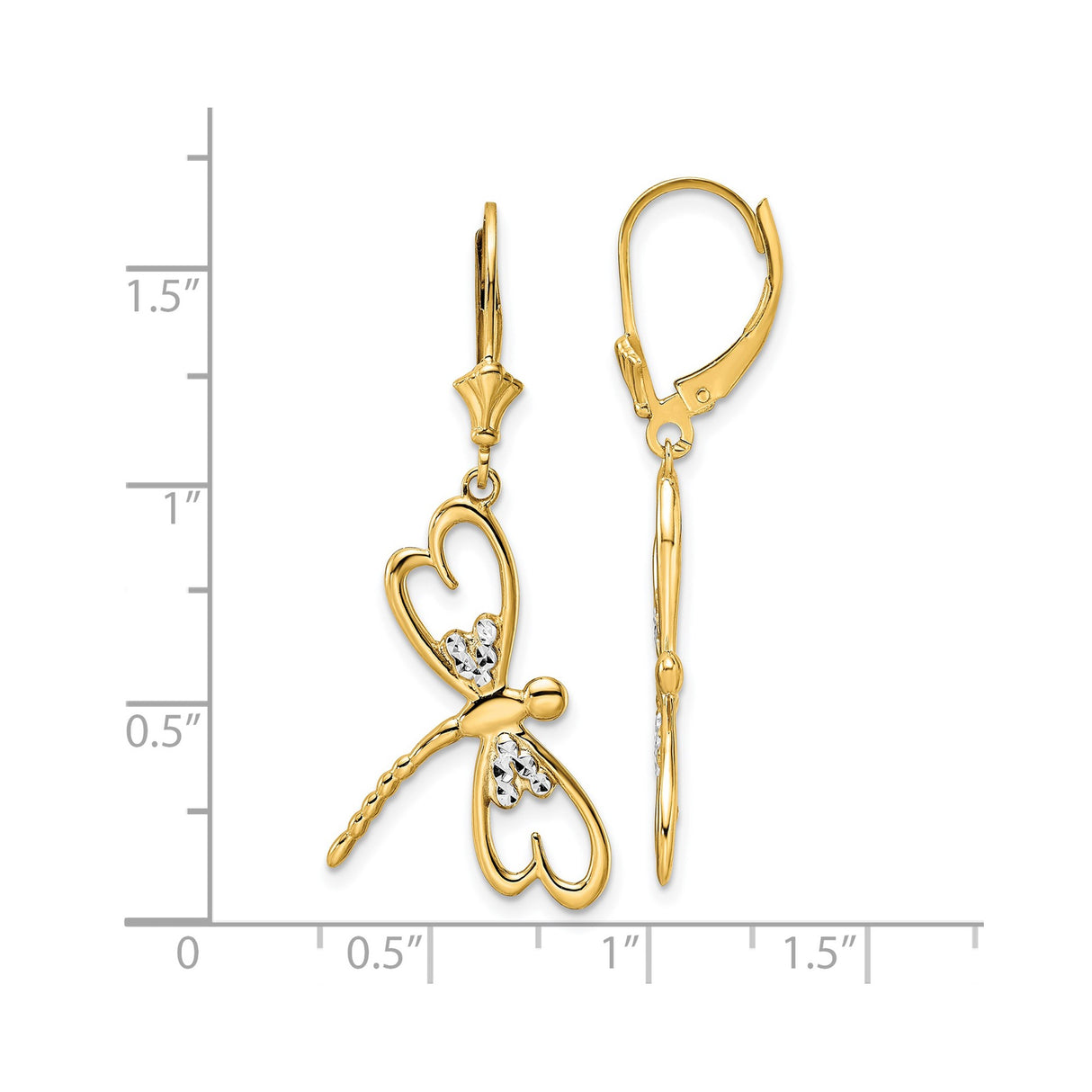 14k Yellow Gold Drop Earrings, Dragonfly with Heart Wings, Diamond Cut, Leverback Design