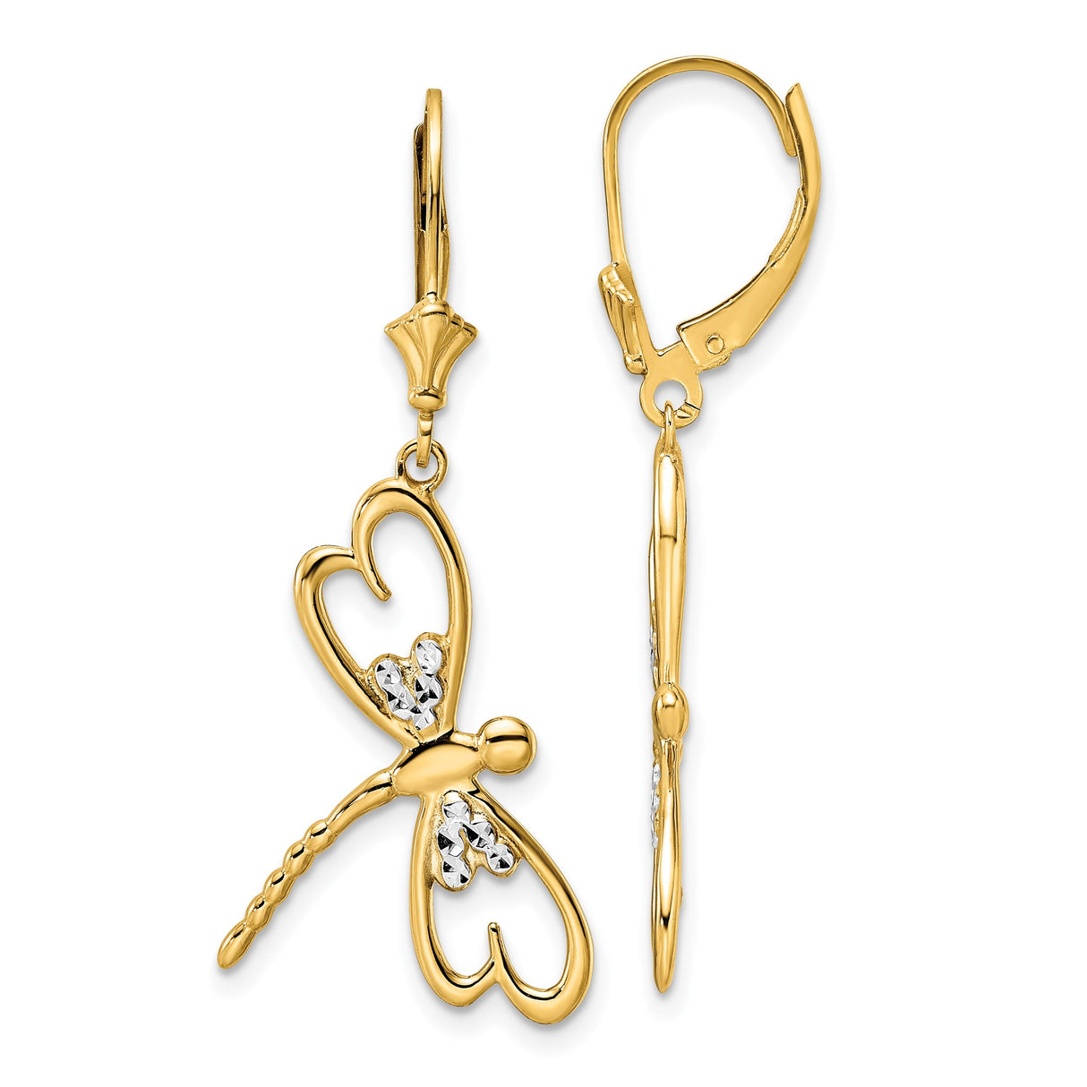 14k Yellow Gold Drop Earrings, Dragonfly with Heart Wings, Diamond Cut, Leverback Design
