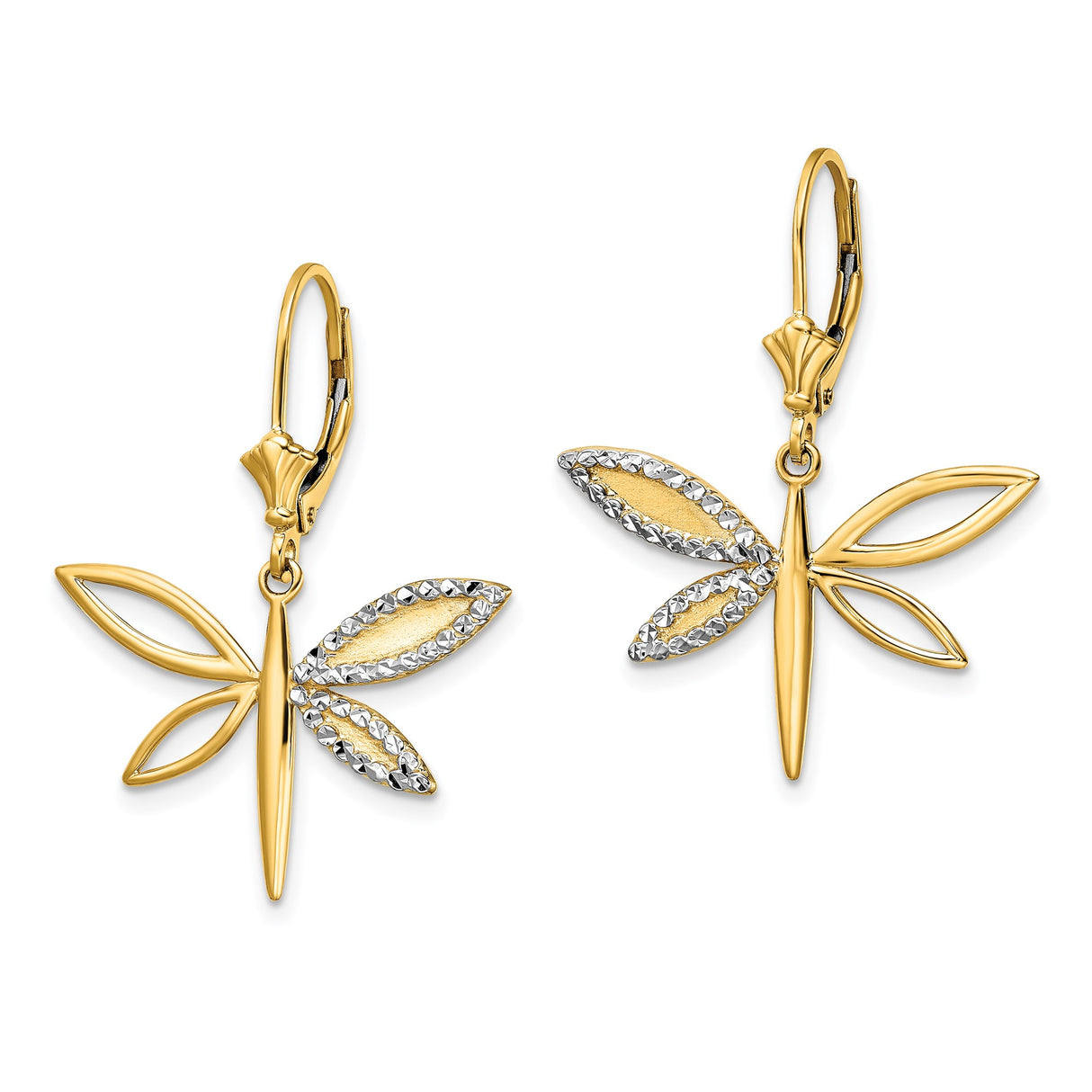 14k Yellow Gold Dragonfly Earrings with Leverback Closures, Textured Wing Design