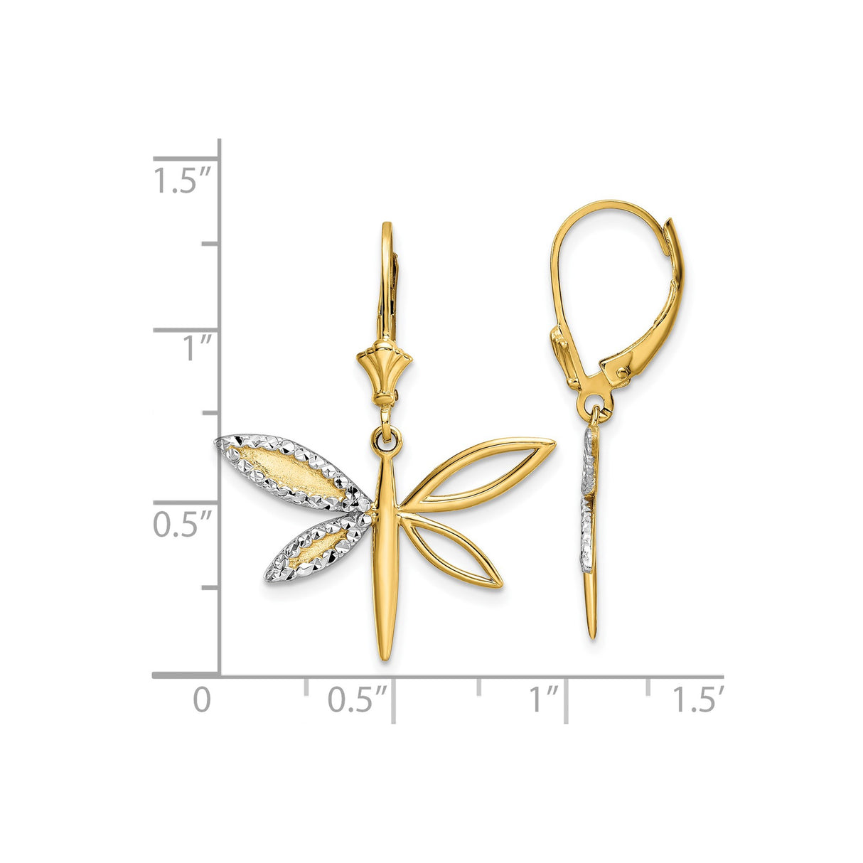 14k Yellow Gold Dragonfly Earrings with Leverback Closures, Textured Wing Design