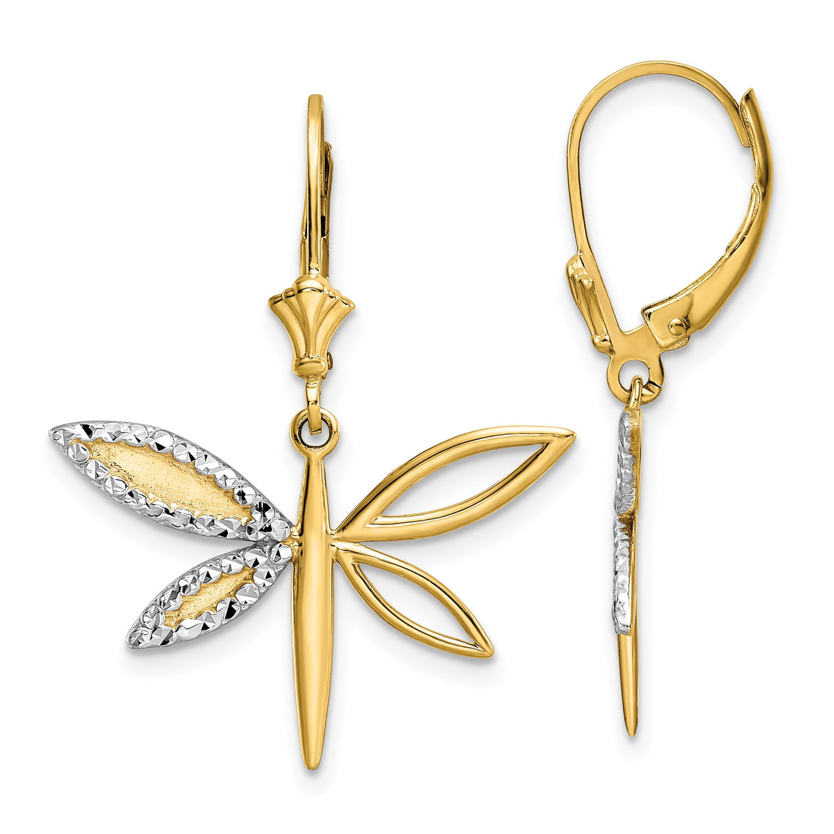 14k Yellow Gold Dragonfly Earrings with Leverback Closures, Textured Wing Design